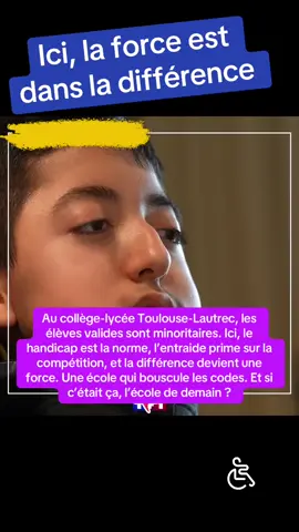 Un modèle d’inclusion en action. Au collège-lycée Toulouse-Lautrec, la norme est inversée : les élèves en situation de handicap sont majoritaires. Ici, on grandit ensemble, dans un cadre où solidarité, respect et dépassement de soi prennent tout leur sens. Une école qui casse les codes, bouscule les préjugés, et nous montre que l’inclusion n’est pas une exception, mais une vision d’avenir. Et si ce monde inversé était le bon ?                        #InclusionScolaire #ÉducationInclusive #Handicap #DifférenceRichesse #Solidarité #ChangerLeRegard #HandicapVisible #VivreEnsemble #Respect #ÉducationPourTous #ProtectionEnfance # PageForYou