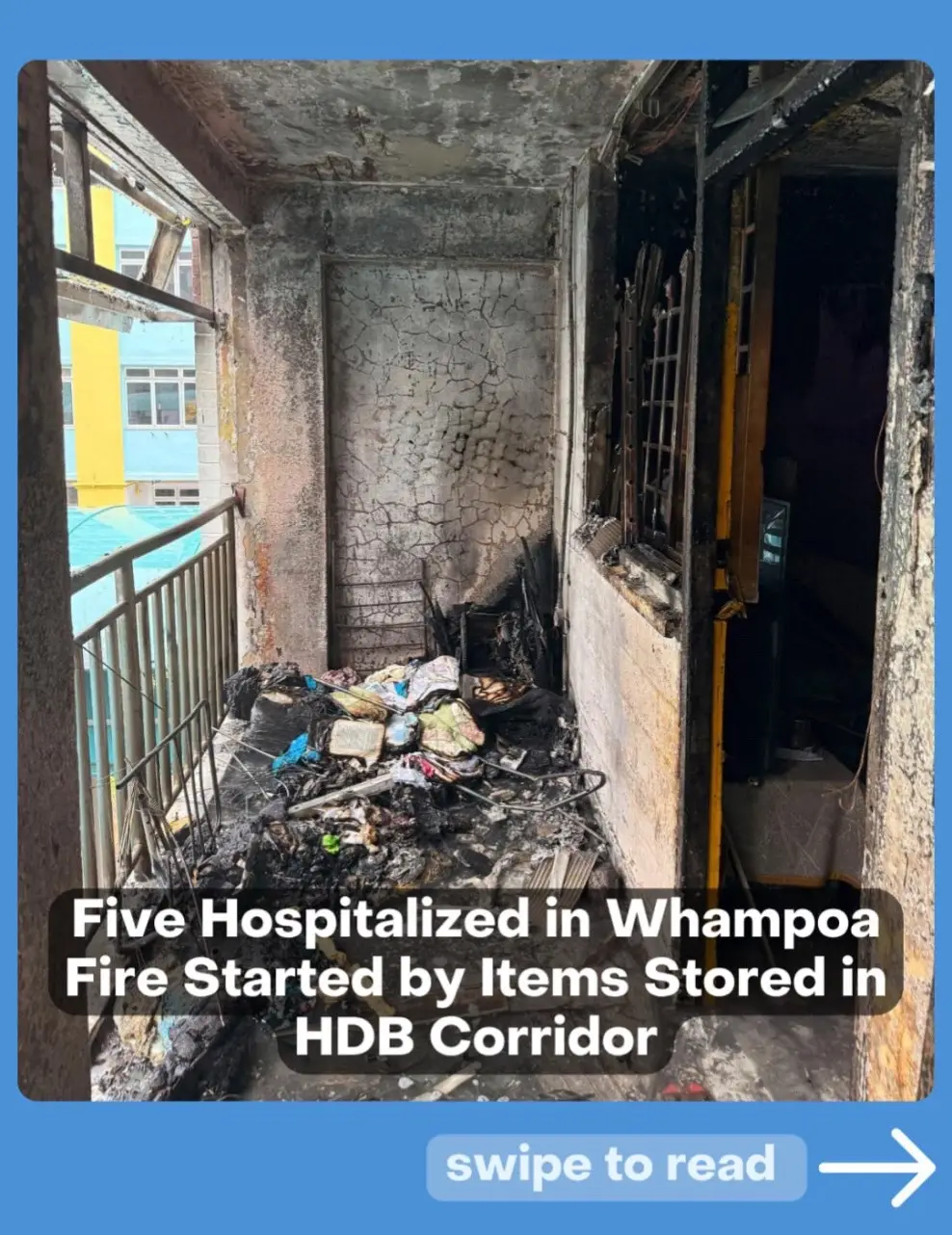 A fire erupted at Block 20 Jalan Tenteram in Whampoa Heights on 29 May 2025. The Singapore Civil Defence Force received the emergency call at 11.40am. Firefighters from Central Fire Station rushed to the scene as thick black smoke poured from the building. The blaze started from items stored in common corridors outside flats on the second and third floors. Flames spread from these stored belongings into both affected units. SCDF officers used two water jets to put out the fire, which also caused heat and soot damage to neighbouring flats. Police and SCDF personnel evacuated about 40 people from the affected floors during the incident. The evacuation served as a safety measure whilst firefighters battled the blaze. Five residents needed hospital care after inhaling smoke during the fire. Singapore General Hospital treated two patients, whilst Tan Tock Seng Hospital received two others. KK Women's and Children's Hospital cared for one person, with all five suffering from smoke inhalation. The cause of the fire remains under investigation by authorities. SCDF urged the public to keep common areas clear of clutter to maintain safety. Cluttered corridors increase fire spread risk, block evacuation routes, and slow emergency response times. A similar fire occurred in 2021 at a nearby block, sending 10 people to hospital. SCDF recorded 968 residential fire calls in 2024 and 970 in 2023. Unattended cooking and electrical faults cause the most residential fires in Singapore. #whampoa #fire #hdb #tiktoksg #fyp 