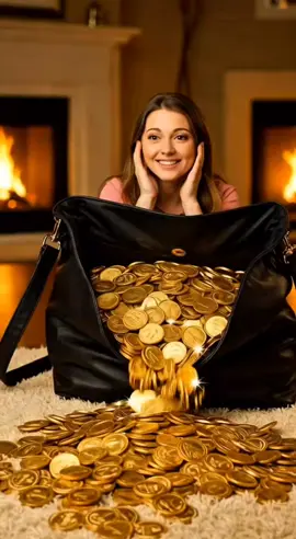 Her smile says it all — gold coins overflow from her shoulder bag like fortune can’t be contained. #GoldOverflow #WealthyVibes #MoneyMagnet #GoldenSmile #BagOfRiches #QueenAura #EndlessWealth