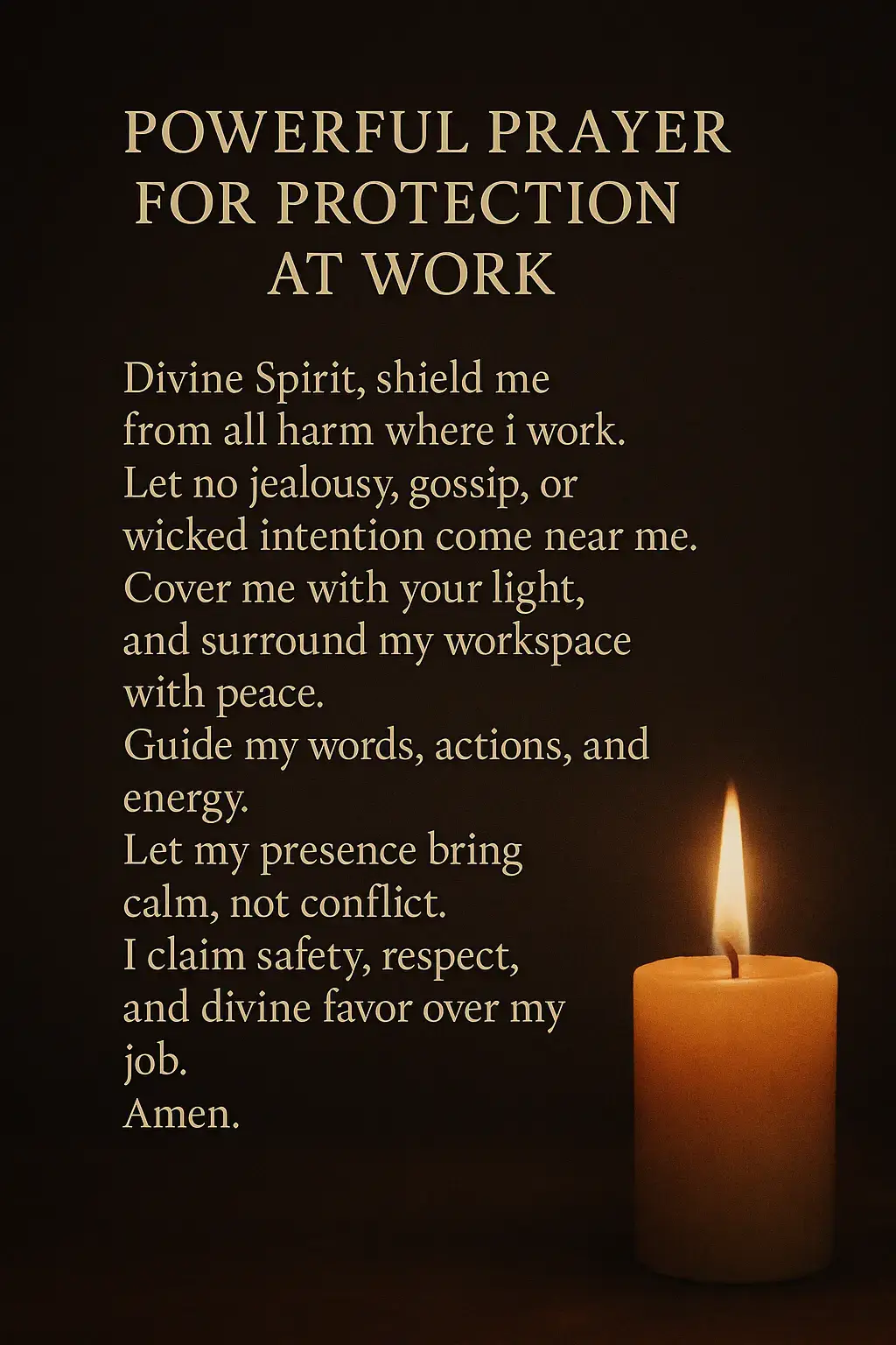 Powerful Prayer for Protection in the Workplace 🙏 PRAYER: Divine Spirit, shield me from all harm where I work. Let no jealousy, gossip, or wicked intention come near me. Cover me with your light, and surround my workspace with peace. Guide my words, actions, and energy. Let my presence bring calm, not conflict. I claim safety, respect, and divine favor over my job. Amen. #spiritualprotection #workplacepeace #divinefavor #energyshield #dailyprayer #protectionprayer #spiritualguidance #candlemagicbase #workplaceprayer #protectionprayer #faith #dailyprayer  #blessings #creatorsearchinsights  ⚠️ DISCLAIMER: This prayer is for spiritual support and inspiration only. It is not a substitute for professional, legal, or mental health advice.  