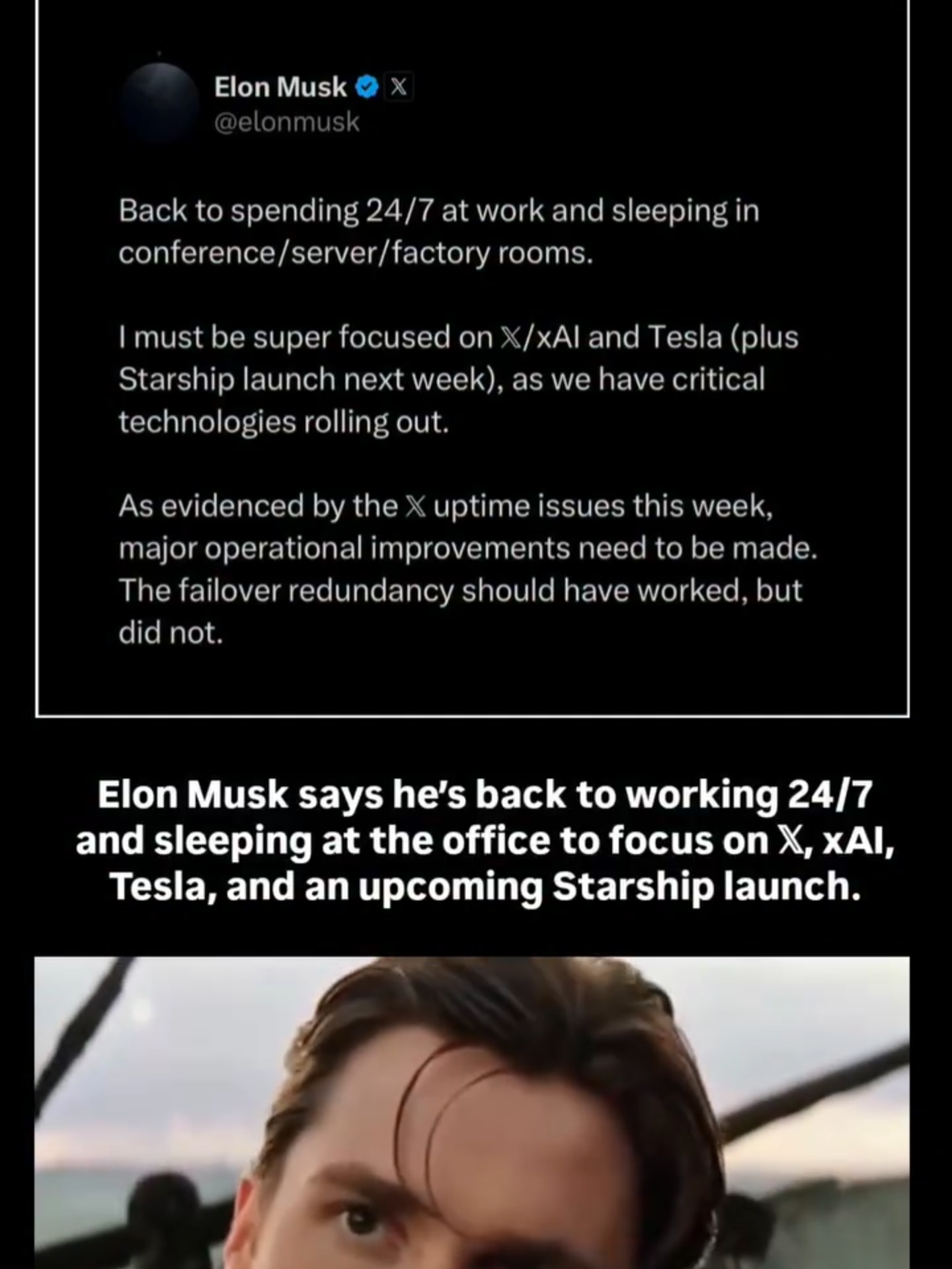 Elon Musk says he’s back to working 24/7 and sleeping at the office to focus on 𝕏, xAI, Tesla, and an upcoming Starship launch. #elonmusk #ElonMuskNews #tesla #x #xai