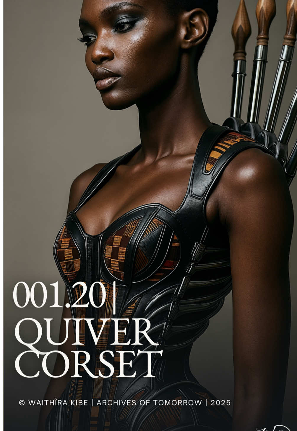 001.20 | Quiver Corset Medium: Sculpted 3d printed alloy rods, bonded silk, matte leather weave Dimensions: Form-fitted armor; torso-length Provenance: Archives of Tomorrow Collection Curatorial Note: Inspired by the power of ancestral protection, the Quiver Corset reimagines the traditional arrow holder as a fashion statement for the modern-day warrior woman. Hand-sculpted metal rods evoke arrows worn not on the back—but over the chest, near the heart. This Afrofuturist fashion piece is both beautiful and bold—merging African heritage with high fashion storytelling. Kente fabric panels add a touch of color and cultural significance. It’s a visual metaphor for Black women setting boundaries, protecting their peace, and carrying power close to the skin. Part warrior. Part woman. Fully rooted. → If your style is Afrocentric, meaningful, and museum-worthy, this one’s for your moodboard. Save, share, and tag a sister who wears her heritage like armor. Part of the Archives of Tomorrow series. 001.20 in the collection. *This is Ai generated not a real person or product.* ⸻ © Waithĩra Kibe | Archives of Tomorrow | 2025 #warriorwoman #archivesoftomorrow #afrofuturismfashion #thisisai
