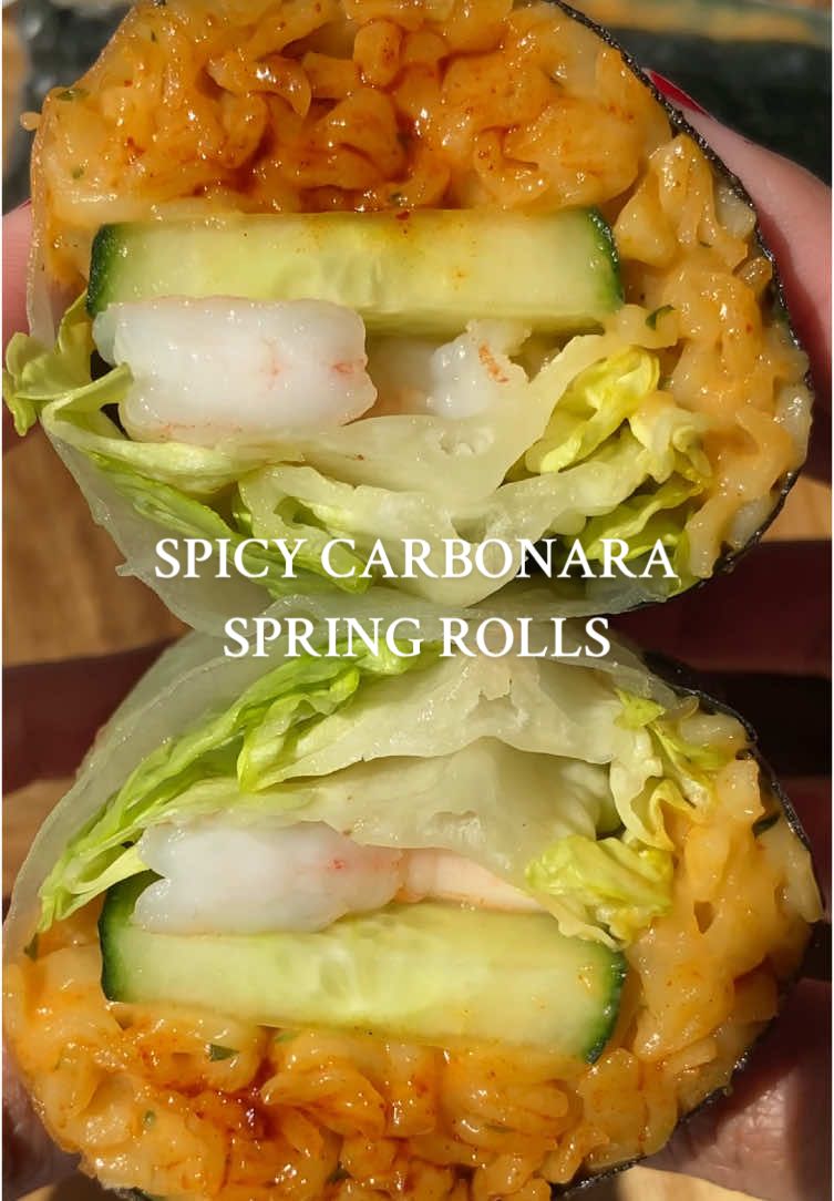 Spicy Carbonara Spring Rolls🥬 one of my favorite ways to eat buldak ramen | spicy noods with refreshing cucumber, lettuce & shrimp wrapped in rice paper! #Recipe #buldak #ramen 
