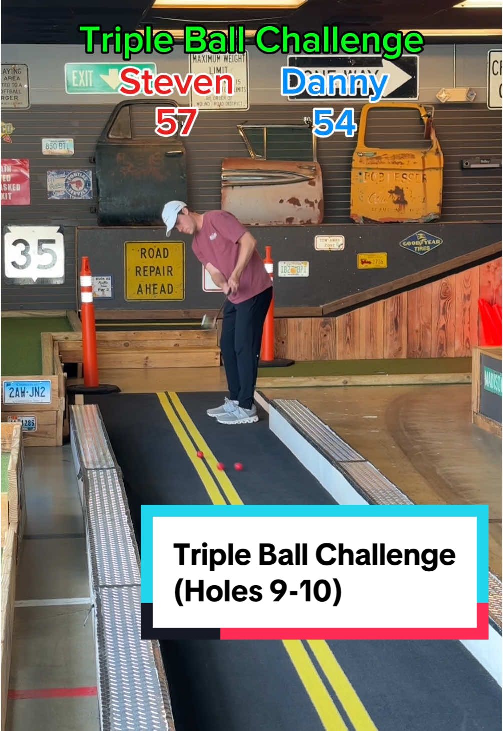 Triple Ball Challenge (Holes 9-10) #twintourgolf #fyp #foryoupage #golf #minigolf #challenge @Steven Sanicki @Danny Sanicki @Big Putts Mini Golf 