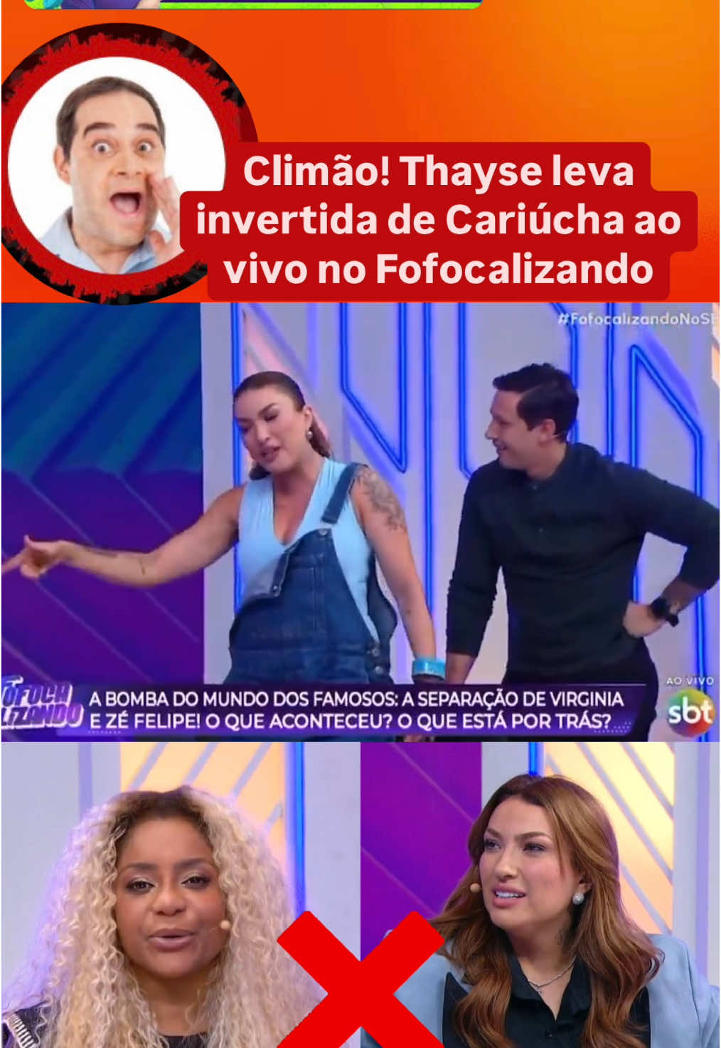 Climão! Thayse leva invertida de Cariúcha ao vivo no Fofocalizando Thayse Teixeira levou outra invertida de Cariúcha ao vivo, durante explicação da árvore genealógica da família de Zé Felipe e Virgínia.