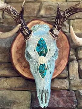 Something a little different from my normal content.  I love the way this rhinestone skull mount turned out! #skullmount #skullmounts #turqoise #rhinestones #deer #deerskull #europeanmount #buck #bling #rhinestoneskull #turqouisejewelry #homedecor #westerndecor #western #southern