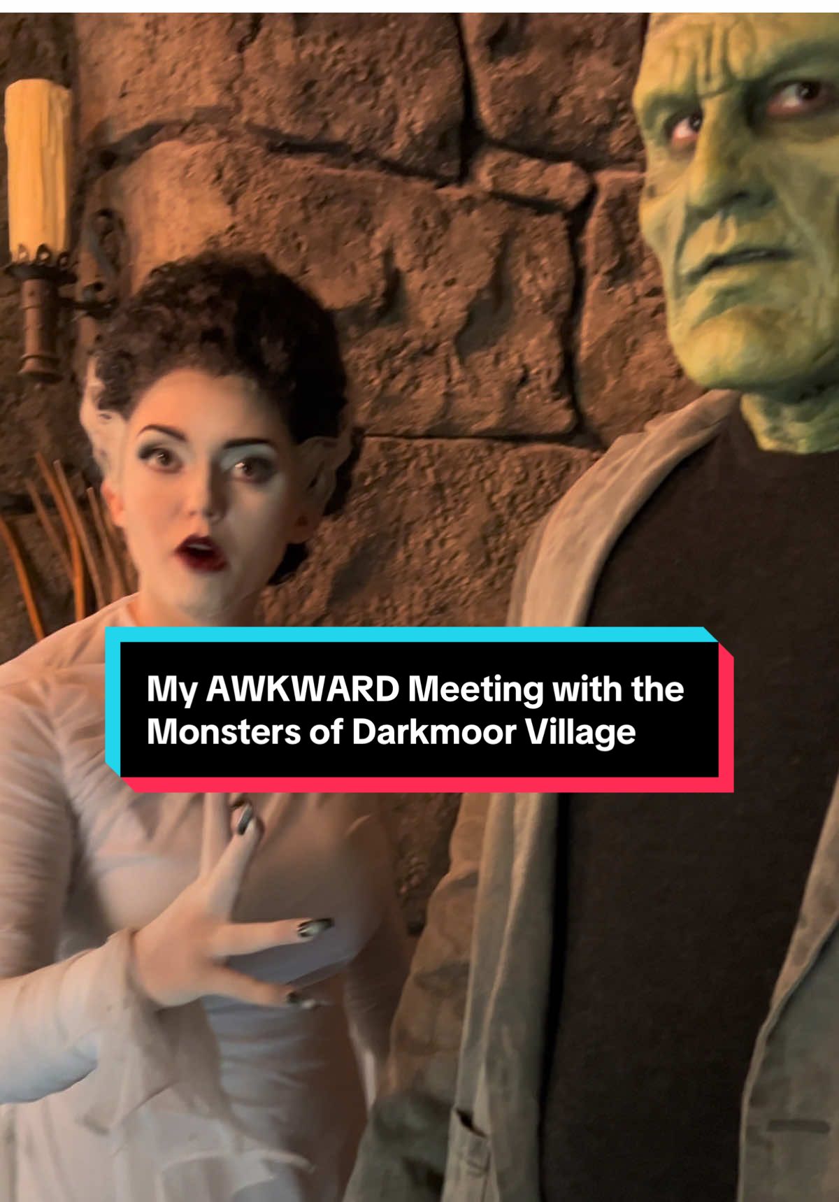 My AWKWARD meeting with the Monsters of Darkmoor Village in Dark Universe at Epic Universe. Frankenstein’s Monster and the Bride of Frankenstein are so much fun to interact with and play the characters perfectly. Thank you TMs for the laughs! #epicuniverse #epicuniverse2025 #epicuniverseorlando #epicuniversethemepark #epicuniversegrandopening #darkmoor #darkuniverse #frankenstein #walruscarp 