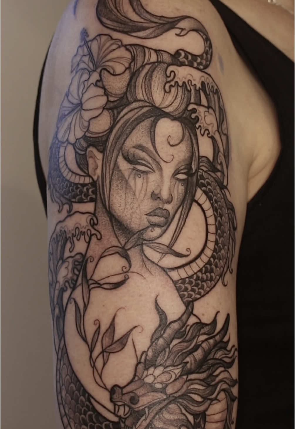 One of my absolute favs 🥰🥰🥰 more in my insta! #rubyrosedesigns #goddesstattoo #tattooinspiration #greekgoddesstattoo #dragontattoo 