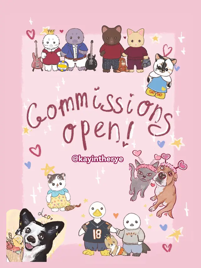 Hello! My commissions are open🩷 Currently I have 5 slot left! In order to get any of these please DM me here, email at kayintherye@gmail.com or on insta at @kayintherye! Currently I’m offering these three options of commissions, but I’m very open to doing other projects, so please do not hesitate to contact me and share what would you like me to create🩷 I take full payment upfront after consultation via PayPal and can promise to deliver finished work within a week depending on my availability✨Thank you for your support!🩷 #art #commissions #commsheet #sylvanianfamilies #pet #petportrait #calicocriters 