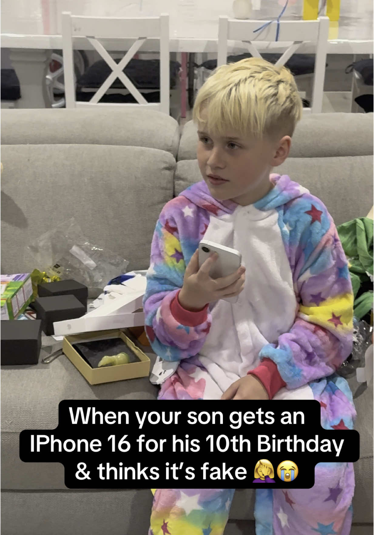 I swear he was actually super grateful - once he googled it and realised it’s not fake 😂 Happy 10th Birthday @Blayke The Joker 🥳  #birthday #newphone #funny #iphone16 #funnykids #present #fails 