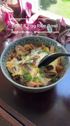 Beef & Egg Rice Bowl [Recipe]✨ This is my version of the Japanese donburi - tanindon 他人丼 - literally means “outsider’s or stranger’s rice”. 🍚 Because instead of using chicken and egg like 親子丼 literally “parent-child rice”, beef and egg aren’t related and are therefore, “outsiders/strangers”. 😂  That was a bit of trivia you didn’t ask for. 😉  Makes 1 Ingredients: 5 slices hotpot beef 2 eggs (beaten) 1/2 small onion (sliced) Cooking oil  1 stalk green onions (chopped) Steamed white rice Sauce: 1 Tbsp and 1/2 tsp soy sauce 2 tsp rice vinegar 2 tsp Japanese cooking wine 60 ml hot boiled water 1 tsp dash powder 1 tsp sugar Instructions: 1. In a small bowl, melt dashi powder in hot boiled water, mix in other sauce ingredients 2. Heat cooking oil in a small pan on medium, add onions to cook 3. When onions are almost fully cooked, add beef  4. When beef is partly cooked, pour sauce into pan and let simmer for about 30 seconds 4. Pour eggs, close lid and turn off heat. It’s done when egg is partially cooked. Heat for longer if fully cooked eggs is desired.  5. Garnish with green onions 6. Serve over steamed rice That’s it! Simple and nutritious. Now whether you want to eat it with your family or strangers is your choice. 😂  📝  You can use pork slices instead of beef slices for this. Just make sure they are thin like the ones you use for hotpot. 🥢  ❤️ Like, share and follow @recipesedited for more easy recipes and fun meal ideas!  #EasyRecipe #japanesefood #egg #rice #asmr #foryoupage #cookwithme 