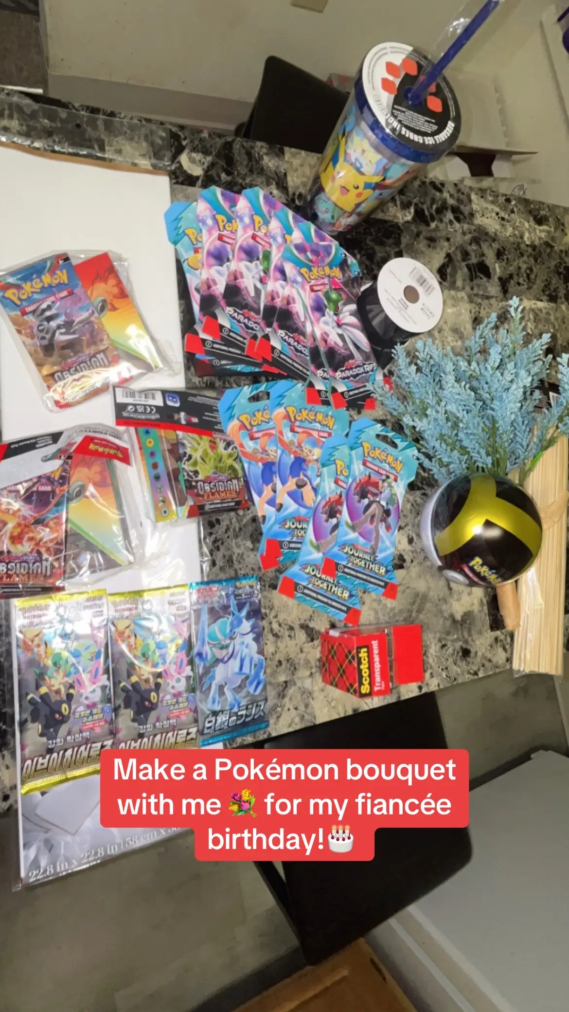 The best gift for a pokemon lover! He also got 151 and Japanese heatwave separate 🫶🏻 💐  #pokemon #pokemoncards #pokemontiktok #journeytogether #eeveeheroes #pokemonbouquet #paradoxrift #obsidianflames 