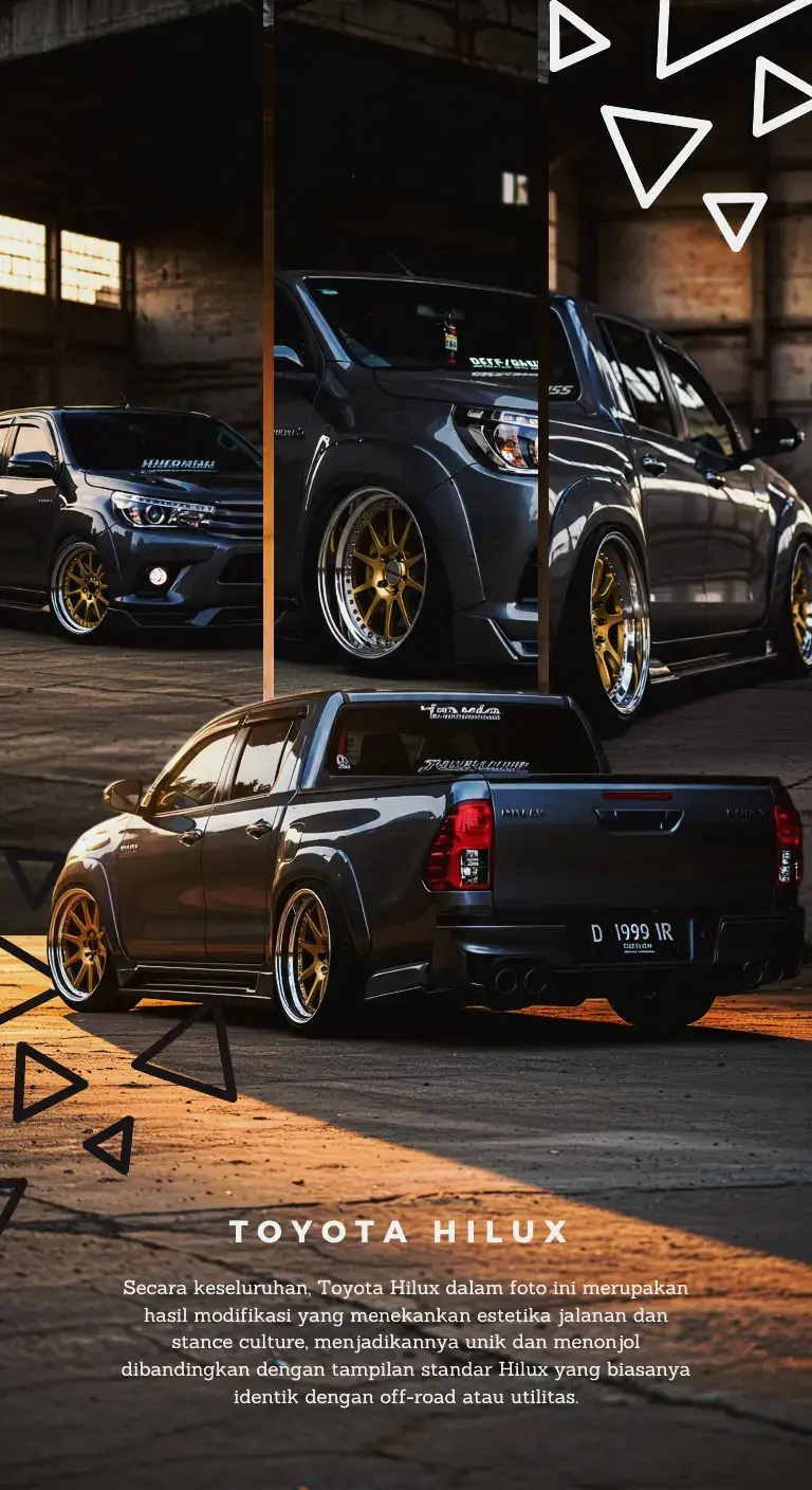Mobil pickup bukan cuma buat kerja, tapi juga bisa jadi karya seni jalanan! Ini dia Toyota Hilux yang udah di-modif total, tampil makin garang dan elegan. Siapa bilang pickup gak bisa keren? #ToyotaHilux #ModifPickup #PickupKeren #StanceNation #CarCulture #HiluxIndonesia #MobilModif #JDMStyle #AirSuspension #FYPmobil #CarSpotting #ModifiedCars #FYPIndonesia #toyota #hiluxthailand #fypage #modifikasiSUV #wallpaper #indocarscene #AutoCustom #cinematic #cinematicmobil #cinematiccarvideos #toyotahilux_4x4 #andresuhen #thailand #thailand🇹🇭 