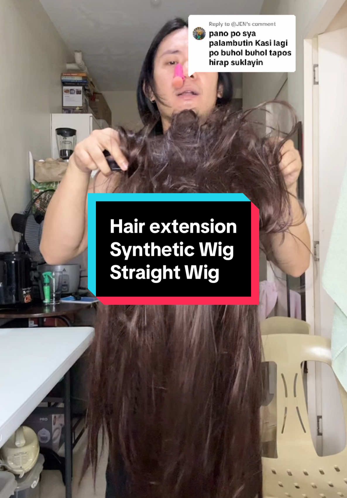 Replying to @@JEN Gamit kayo any fabric conditioner po tapos ang pag suklay laging sa baba mag umpisa tulad ng ginawa ko sa video. #hairextensions #syntheticwig #wig #hairstyle #straightwig #giuliahair #giuliahairextension 