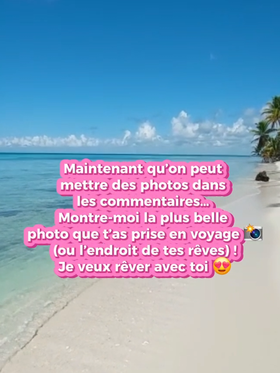 Ça y est on peut mettre des photos sur tiktok !  Alors fais-moi voyager 😍 Que tu sois en Martinique, au Portugal ou juste dans ton coin préféré près de chez toi… Montre-moi l’endroit qui t’a coupé le souffle (ou celui de tes rêves).💜 Je commence avec une plage de République Dominicaine … et toi ? 👇 #voyage  #martinique❤️💚🖤  #republiquedominicaine #paradis  #plage #photos  #beachvibes  #trends #travel #viral_videos #pourtoi 