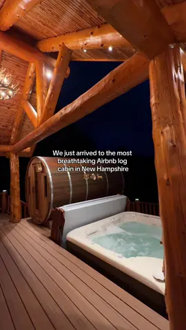 Sneak peek at one of the most breathtaking cabins we’ve stayed in 🪵 This massive, custom-built log home in New Hampshire has it all a private sauna, a hot tub under the stars, and enough space to bring friends, family or just stretch out and unwind. The perfect mix of cozy and luxury in the heart of the White Mountains. Full tour coming soon! ✨ 📍@Sweet Cabin  #whitemountains #newhampshire #airbnb #cabin 