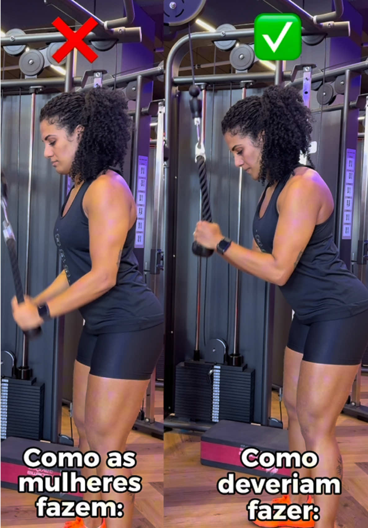 Jeito certo e o errado de fazer o tríceps corda para ativar o músculo do “tchauzinho” Conta aí, você faz do jeito certo ou errado?!  Ou já viu alguém fazendo do jeito errado? #mulheresquetreinam #Fitness #musculação #perdergordura #treinofeminino #emagrecercerto #musculacaofeminina #academia