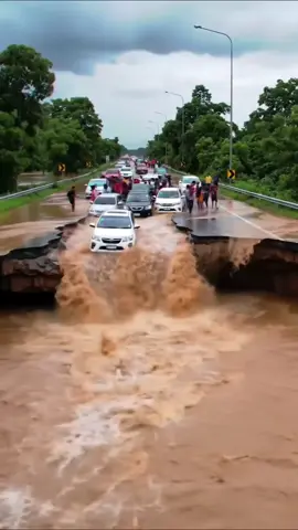 Moment road damaged by flooding, causing one road to be closed.