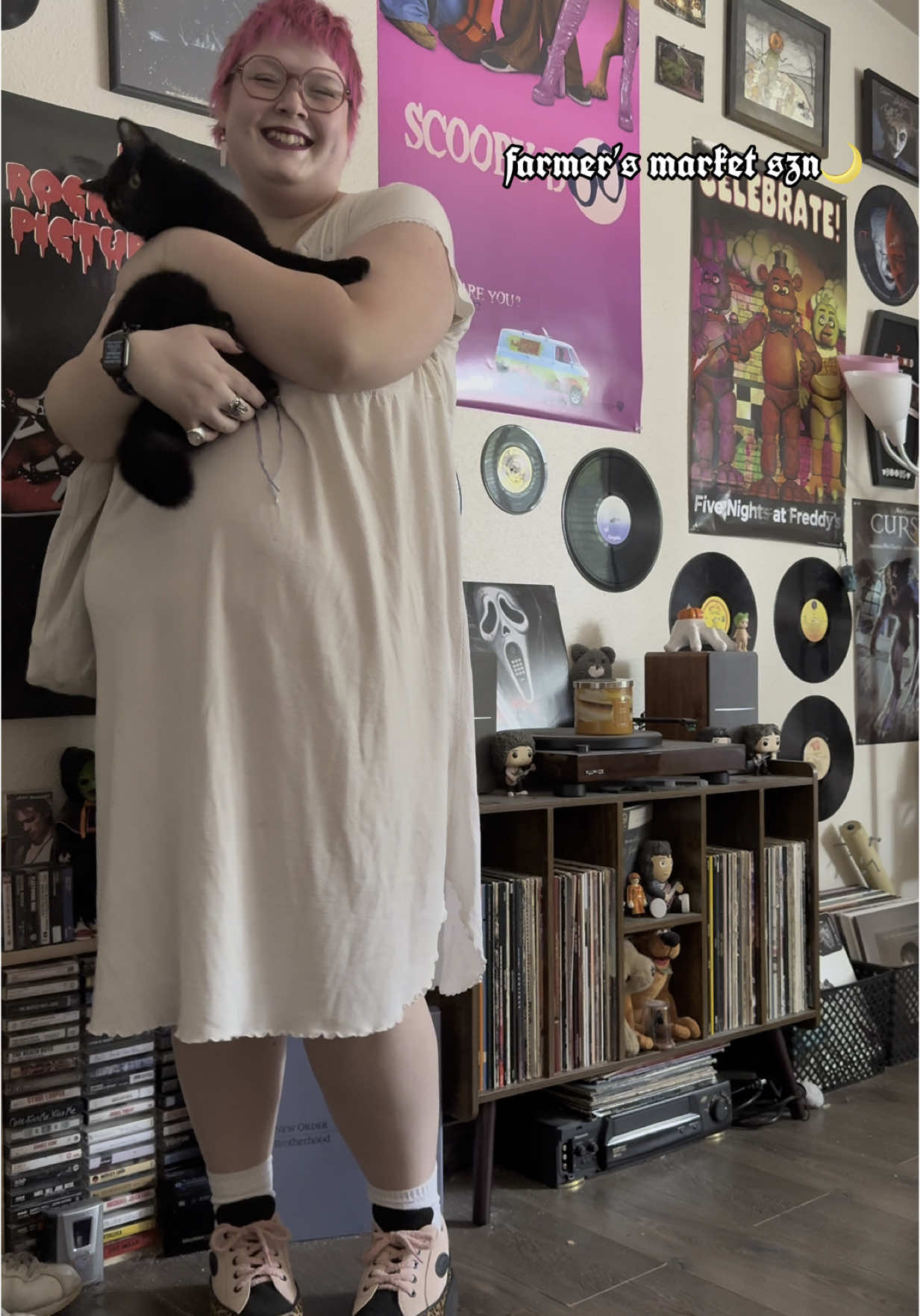 lucretia is a diva & my best friend 🐈‍⬛ #OOTD #farmersmarket #practicalmagic #90s #whimsigoth #whimsy #blackcat #spring #Summer #styleinspo #outfitinspo #maximalism #alternative #plussizefashion #alternativefashion #fairy #goth #pinkhair #charmed #witch #witchtok #90sfashion 