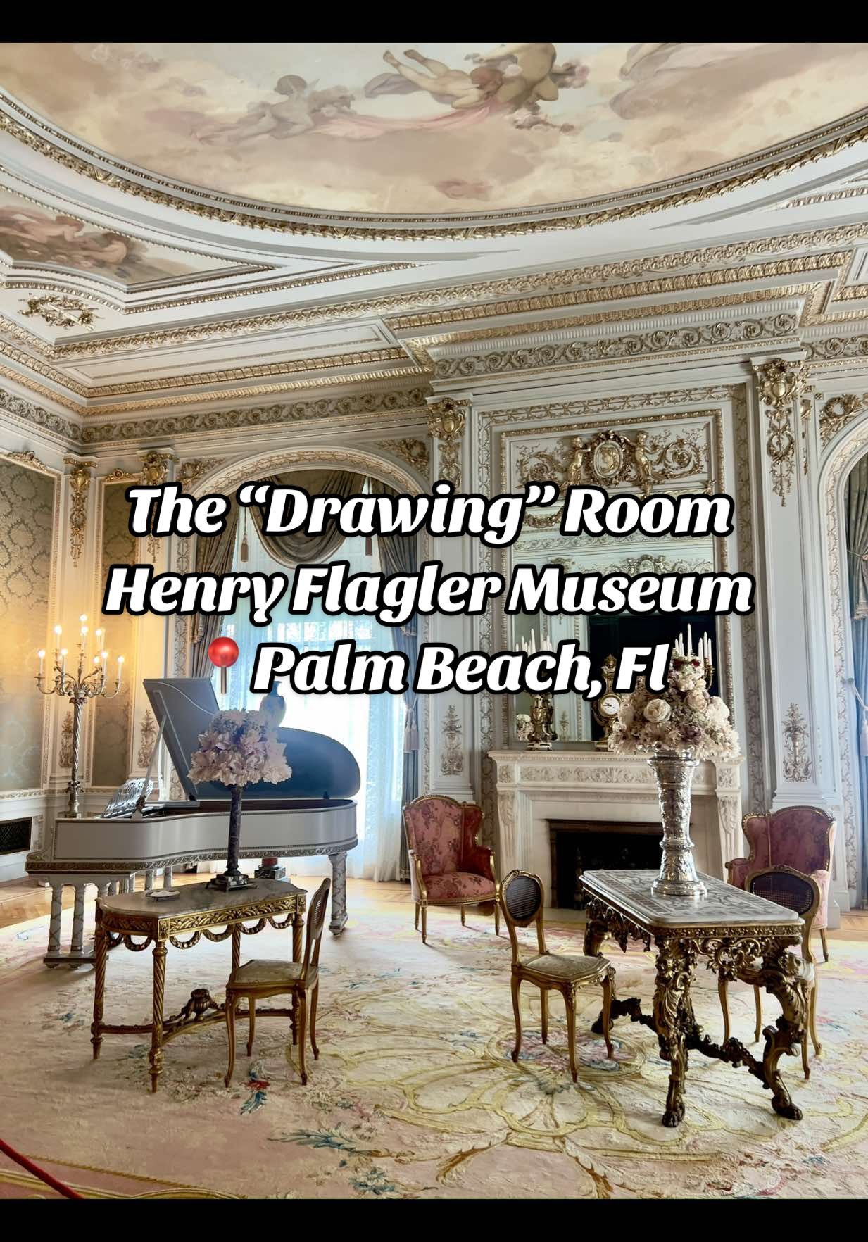 The DRAWING room at @flaglermuseum  The Drawing Room served as a social hub for Mary Lily and her guests, where they enjoyed music and conversation. Decorated in the Louis XVI style, the room features silk fabric, light wood accents, and cameos of Marie Antoinette above each door and mirror. A custom Steinway Model B grand piano was crafted to complement the room’s decor, with a lid painting of Erato, the Muse of Love Poetry. Aluminum leaf highlights the room’s plaster details; at the time, aluminum was as valuable as gold. To achieve a warmer, gold-like glow, the aluminum leaf was coated with shellac. 📍Palm Beach, Florida #FlaglerMuseum #DrawingRoom #HenryFlagler #GildedAge #LouisXVIStyle #PalmBeachHistory #HistoricHomes #FloridaHistory #MuseumDecor #HistoricInterior #MarieAntoinette #SteinwayPiano #ArtCasePiano #MuseumsOfInstagram #PalmBeachLandmarks #VintageFlorida #GildedAgeArchitecture #HistoricMuseums #MuseumLovers #FloridaCulture #HistoricPreservation #LuxuryInteriors #PalmBeachStyle #VisitPalmBeach #PalmBeachFL #MuseumExhibitions #ElegantInteriors #ArtAndHistory #voyagerofelegance 