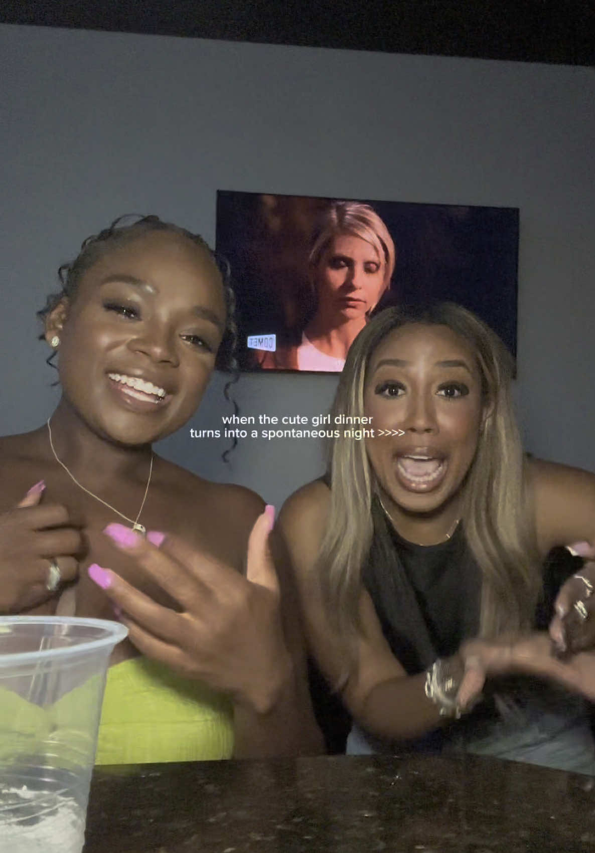 “Do you want to stop at this bar for *one* more drink? Spontaneous nights are the best. #girldinner #girlsnight #girlhood 