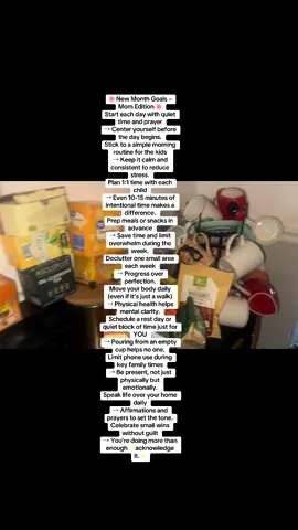 🎯 New Month Goals as a Mom 💪🏾💗 (aka trying to keep the house + my peace 😅) ✨Start my day with prayer + quiet time 🙏🏾 ✨Move my body daily..even a quick walk 🏃🏾‍♀️ ✨Plan simple meals to avoid dinner stress 🍽️ ✨One-on-one time with each kid 💬💞 ✨Declutter one small area a week 🧺 ✨Be present…less phone during family time 📵 ✨Speak life over my home daily 🕊️ ✨Celebrate small wins (they matter!) 🎉 ✨Rest without guilt 🛋️✨ Give myself grace, always. 🤍 #SAHMLife #MomGoals #NewMonthNewGrace #blacksahm #prayingmom #trustGod