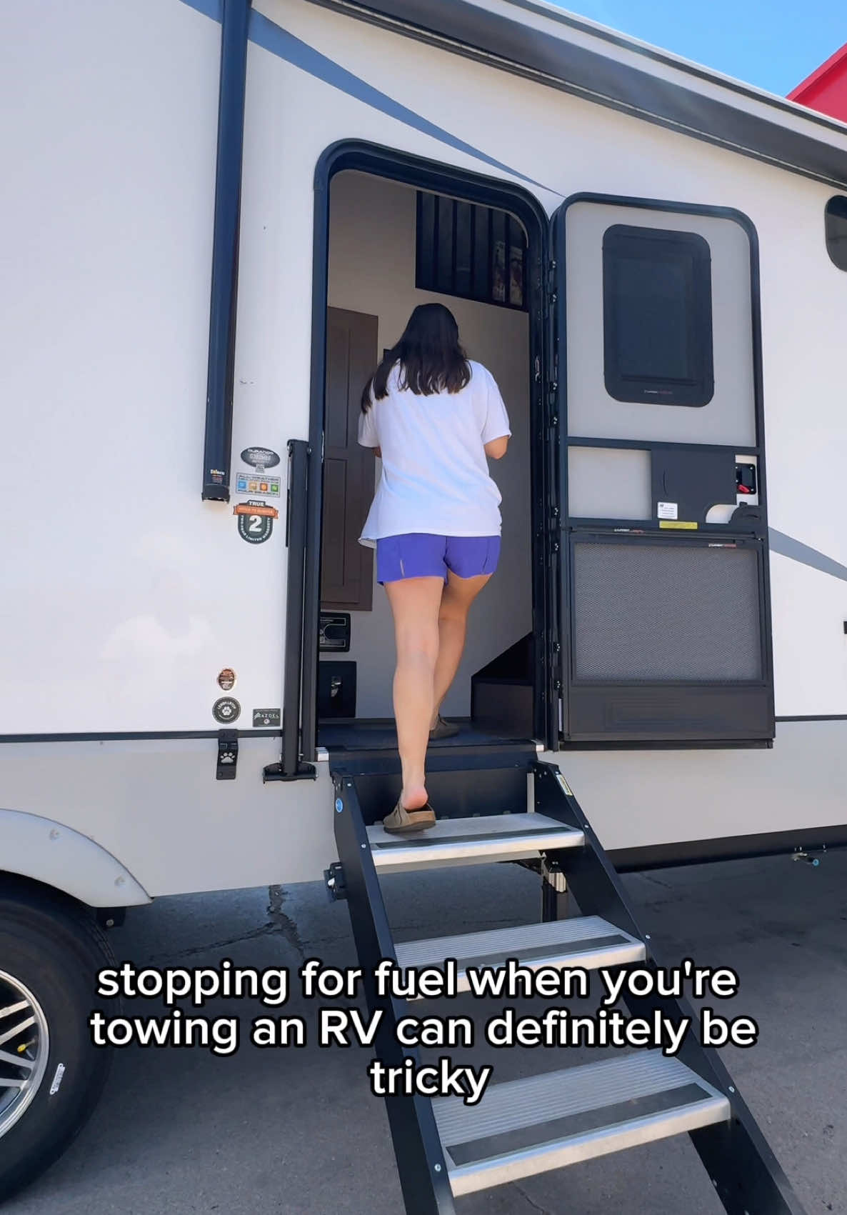 It’s no Buc-ee’s bathroom.. but gas station stops with an RV has perks🚍🚽🍔  Our RV: 2025 KZ Durango Gold G382MBF @KZ RV  We love that we can get to our bathroom + pantry without opening an slide outs, so we can get back on the road quickly  RV tips: Pre-plan your stops, use trucker apps for fuel stations, and utilize Google earth/satellite view to scope out potential stops. Look for big parking lots and plenty of room to exit or enter.  #rvlife #travelvlog #fifthwheel #camper #fulltimerv #rvlifestyle #towing #hauling #trailer #toyhauler #bigrig #rv #rvtiktok  