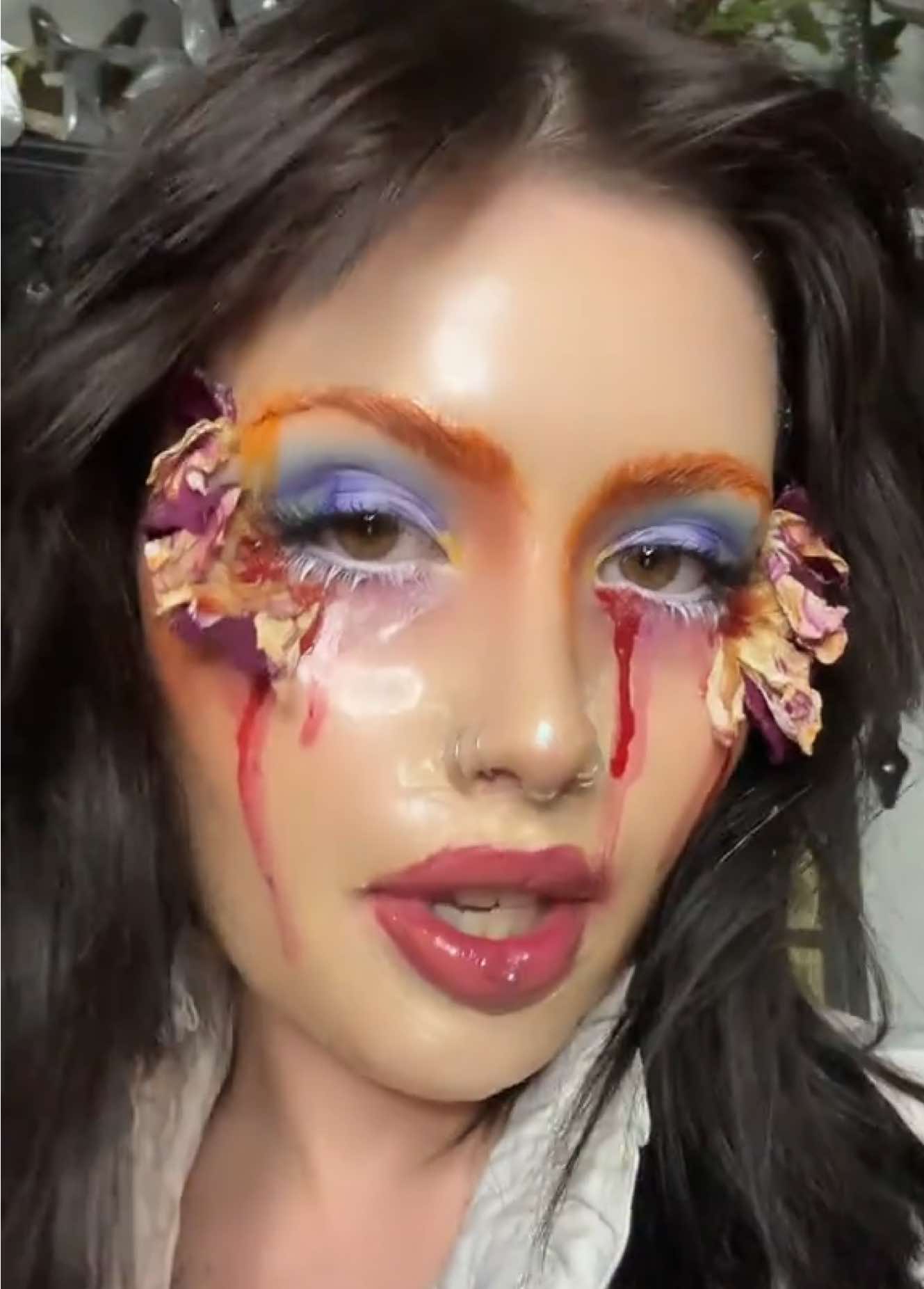 Colorfull Look 🧡🩵 (Pas pratique le masque peel off)  #colorfullook #colormakeup #lypsync #transitionmakeup #makeuptransformation #makeuptransition #makeuplook #fyp #doll #madhatter #glassskin 