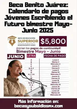 ✳️ ¡Atención! Si eres beneficiario o beneficiaria de la Beca Benito Juárez Jóvenes Escribiendo el Futuro, ya se publicó el calendario de pagos del bimestre mayo-junio 2025. ✳️ Revisa cuándo te toca recibir tu apoyo entrando al enlace que está en la descripción de mi perfil📍 #JóvenesEscribiendoElFuturo #BecaBenitoJuárez #CalendarioDePagos #MayoJunio2025 #ApoyoEstudiantil #Bienestar2025 #EducaciónSuperior #BecasUniversitarias #InfórmateBien 
