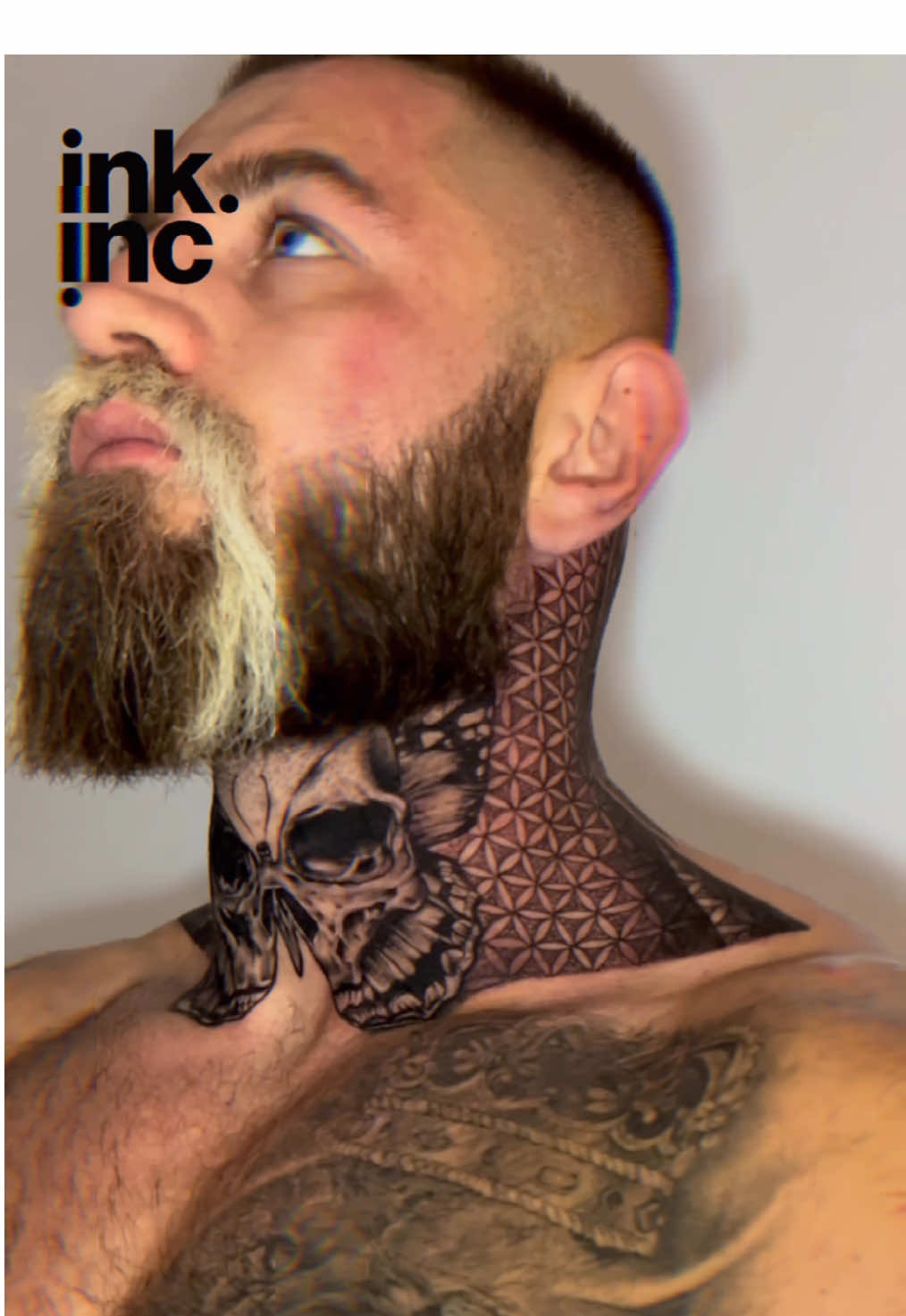 Neck and throat tattoo with skull and butterfly design. Geometric mandala tattoo idea around the neck and throat for men. Symbolic black and grey neck tattoo done at @ink.inc.tattoo in our Phuket studio! #Tattoo #GeometricTattoo #BlackAndGreyTattoo #ThroatTattoo