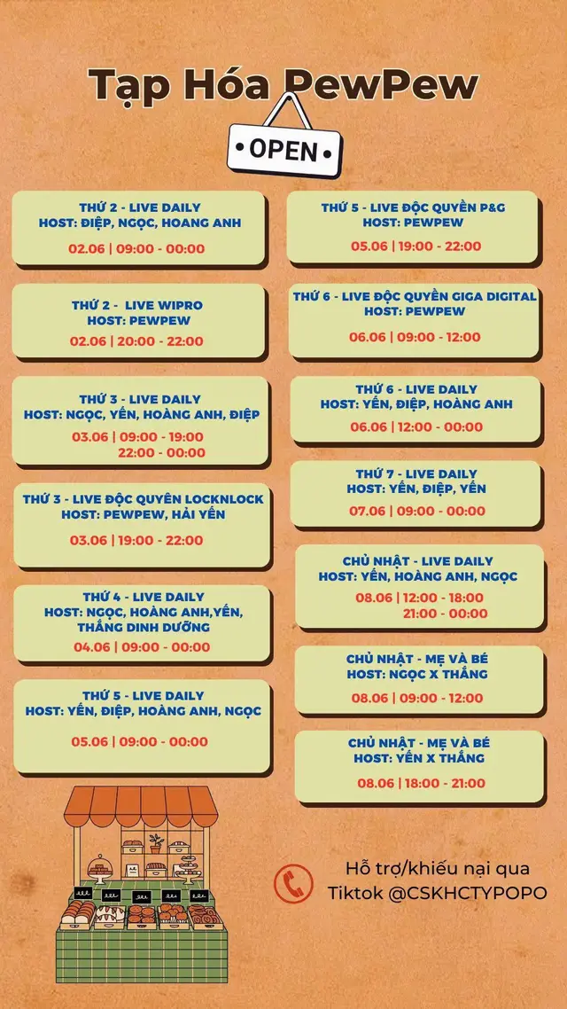 Tạp Hoá PewPew xin thông báo lịch livestream đến Khách hàng/ Khán giả theo tuần vào khung giờ cố định lúc 09:00 - 00:00. Các phiên livestream với đủ các mặt hàng, sản phẩm đa dạng đặc biệt là các phiên livestream daily của co-host: Hải Yến, Minh Ngọc, Minh Điệp và Hoàng Anh, bên cạnh đó là phiên live độc quyền với nhà LocknLock, P&G và Giga Digital sẽ có rất nhiều Voucher/ Quà tặng đến từ Brand và TikTokShop. Rất mong Khách hàng/ Khán giả có thể theo dõi thông tin cũng như ủng hộ Tạp Hoá PewPew. Trân trọng cảm ơn và chúc mọi người có một ngày tốt lành! #pewpew #taphoapewpew 