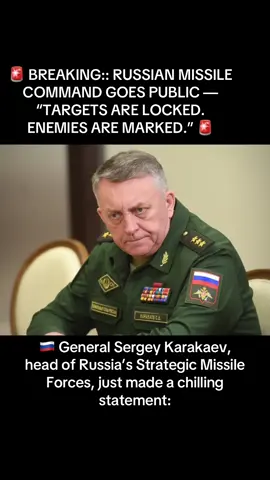 🚨 BREAKING:: RUSSIAN MISSILE COMMAND GOES PUBLIC — “TARGETS ARE LOCKED. ENEMIES ARE MARKED.” 🚨 🇷🇺 General Sergey Karakaev, head of Russia’s Strategic Missile Forces, just made a chilling statement: 🗣️ “Oreshnik can strike targets anywhere in Europe.” 🔴 Now Karakaev and his deputy are urging Putin to authorize swift retaliation. 🔴 Command systems are on standby. Targets are preloaded. 🔥 THIS ISN’T A DRILL — THIS IS A MESSAGE. 🔥 📢 WHAT THIS MEANS: ⚠️ Russia’s nuclear command structure is growing restless. ⚠️ Top generals are pushing for direct action — no more warnings. ⚠️ Europe is now within instant strike range of the Oreshnik system. 💥 The war planners are no longer whispering — they’re shouting. 💥 One green light from Putin… and the sky changes forever. 🚨 TARGETS ARE LOCKED. THE NEXT MOVE DECIDES HISTORY. 🚨 #creatorsearchinsights #BREAKING #Russia #russia #russiaukraine #russiaukraineconflict #drone #attack #zelensky #USA #putin @Russian NEWS @Russian news @RUSSIAN NEWS 