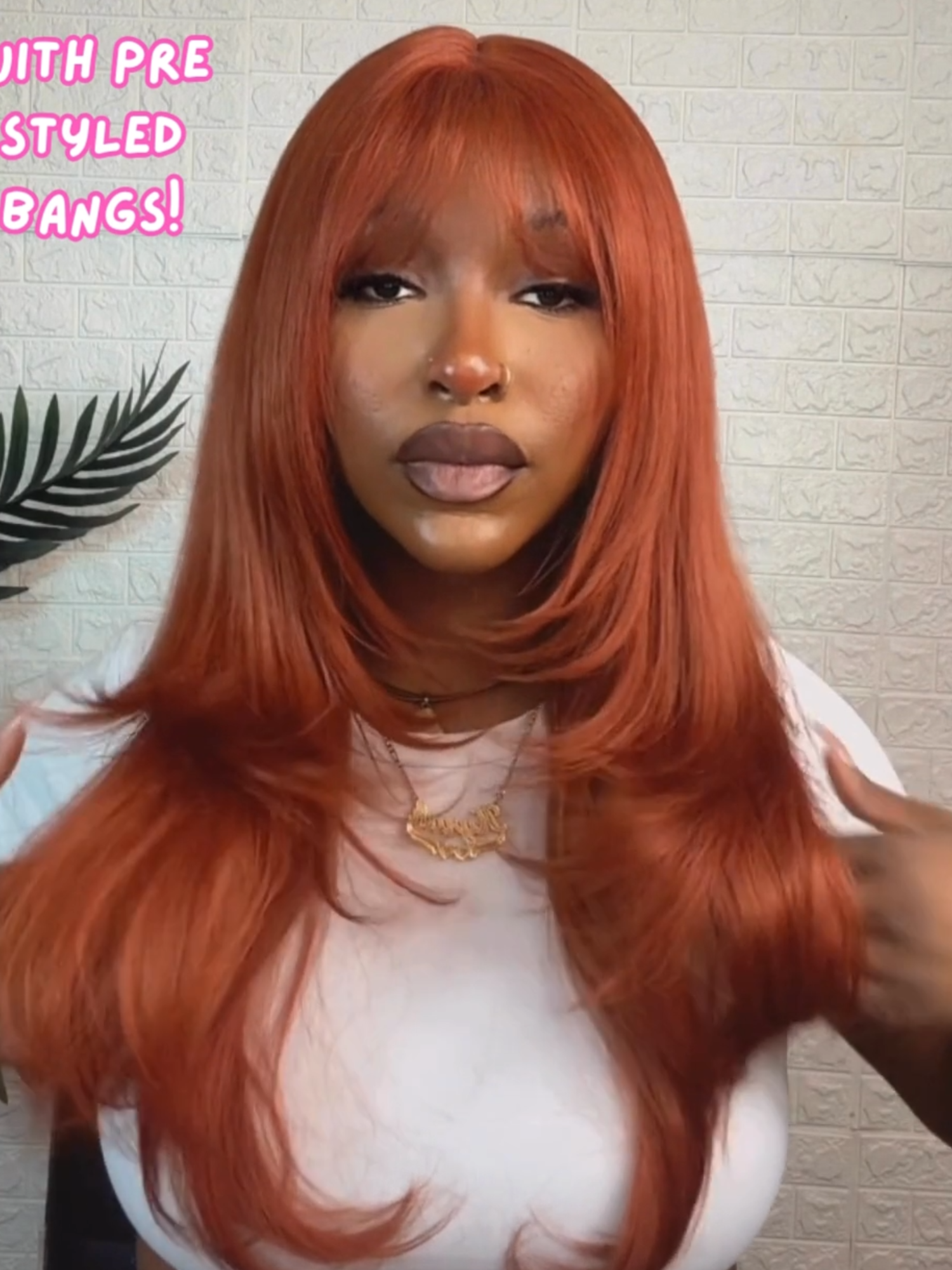 Wig: Outre Castine in color Ginger The layers are layeringgg #ebonyline #outre #outrehair #OutreLaceFront #syntheticwig #gluelesswig #gingerwig #longwig #straightwig #middlepart #GI #bangwig #prestyledbangs #layeredwig