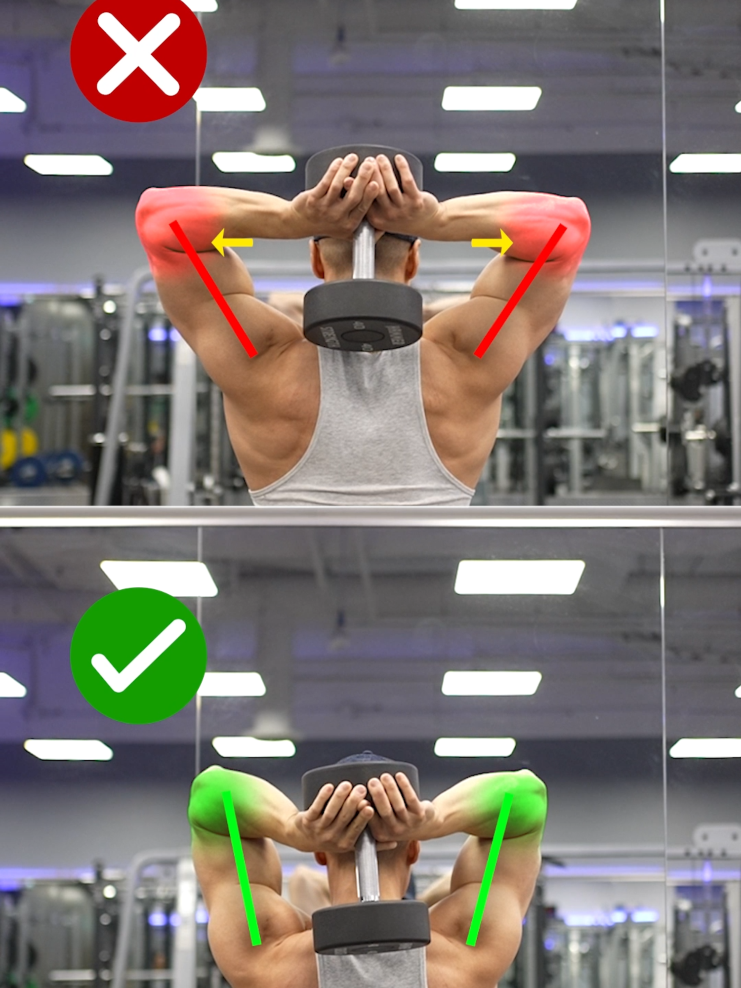 ❌ Triceps Exercise Mistakes You Need to Avoid! 1. Overhead Dumbbell Triceps Extension Mistake: Letting your elbows flare out or allowing your upper arms to move around. ➡️ This shifts tension away from your triceps, adds unnecessary shoulder involvement, and increases the risk of elbow strain. Fix: Keep your elbows tucked in and upper arms locked in place as much as you can. Only your forearms should be moving. 2. Dumbbell Kickbacks Mistake: Swinging your upper arms or letting them drop during the movement. ➡️ This shifts some of the tension off your triceps and to the lats. Fix: Set your upper arms in a fixed, horizontal position and hinge only at the elbows. 3. Cable Triceps Pushdown Mistake: Letting your elbows drift forward or rise up. ➡️ This reduces triceps activation and causes the lats to partially do the work. Fix: Pin your elbows to your sides and keep them there—let your triceps do all the work. Size & Shred Training program 👉🏻 deltabolic.com (link in bio) Gym Outfit from @aybl  👉🏻 use code 