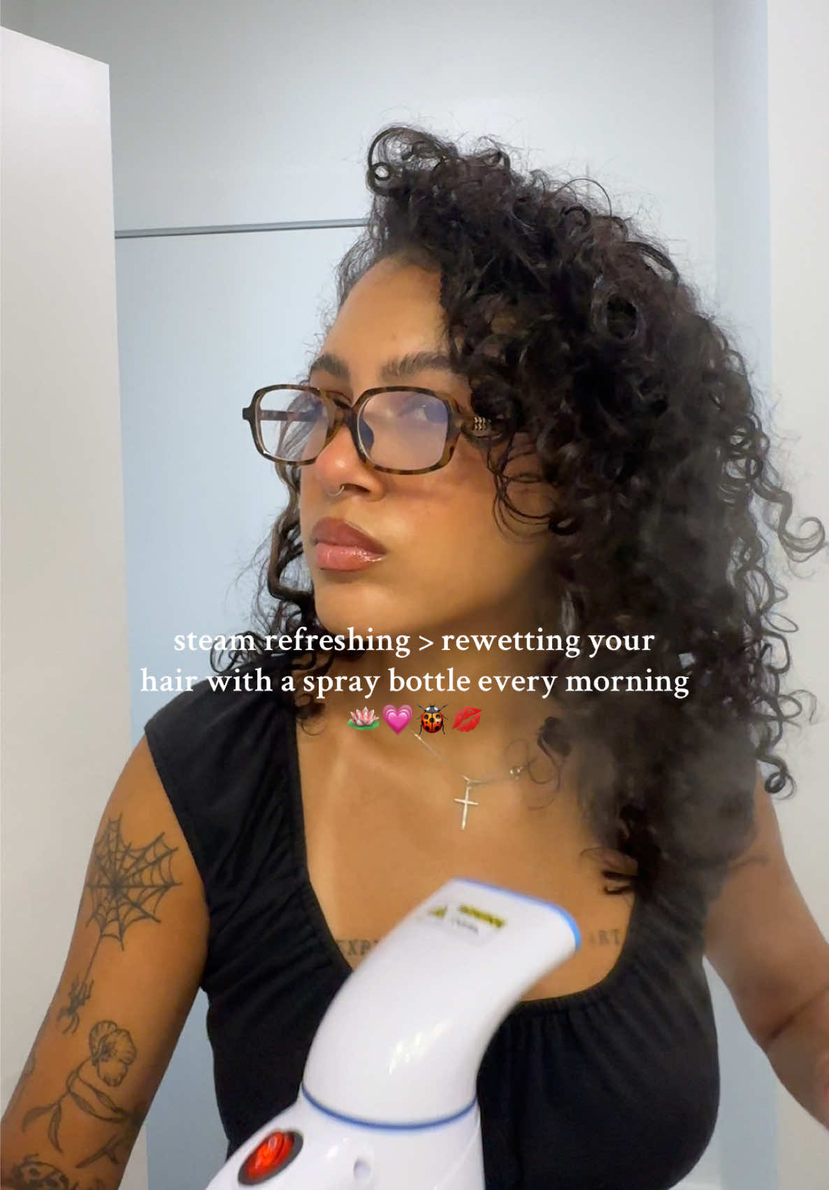 she’s not ready for a full wash. so we steam 🤍 • • • #curlyhairroutine #steamrefresh #naturalhaircare #washday #frizzcontrol #curlyhaircommunity #engaging #hairtok 
