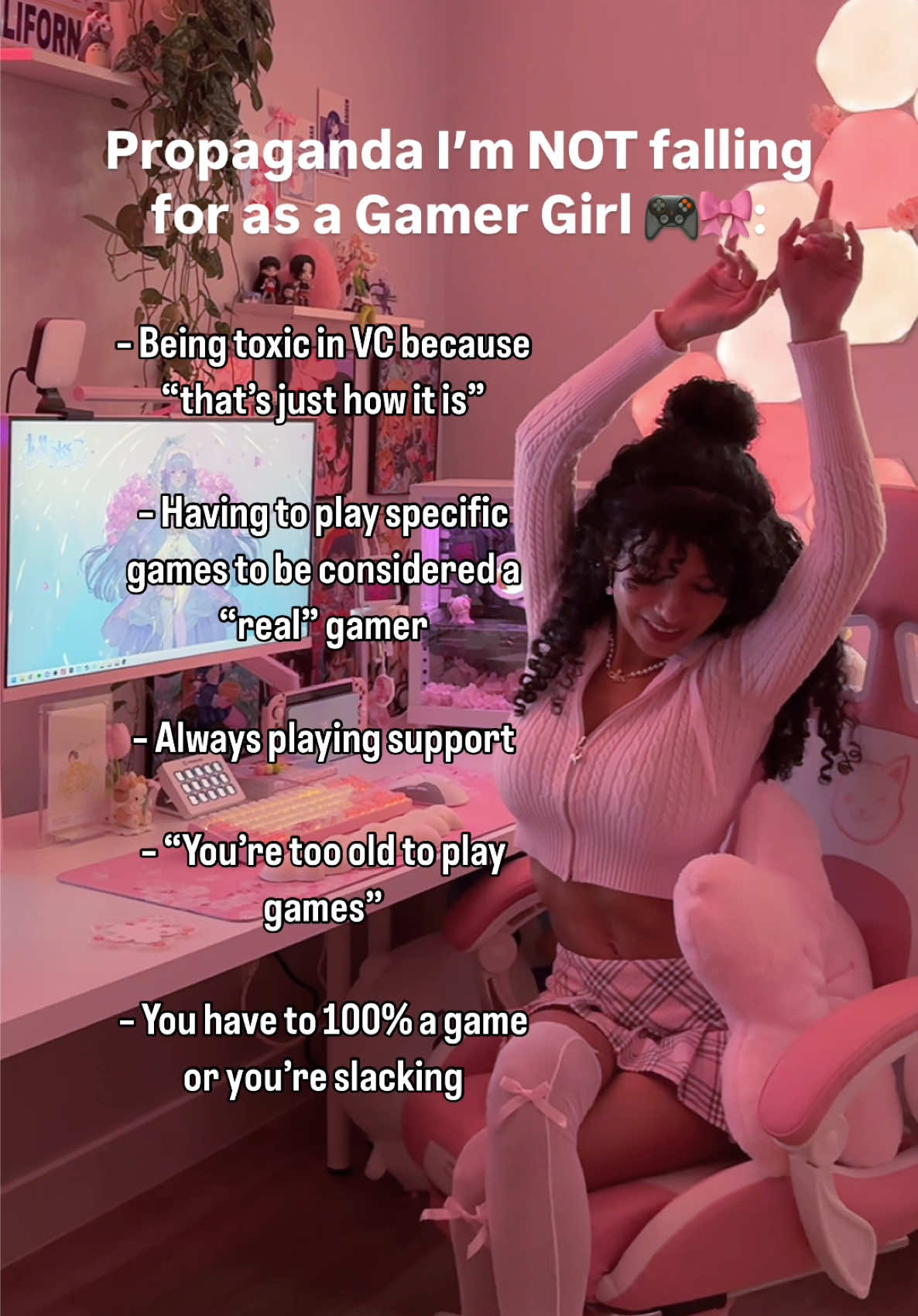I may have fallen for the pink tax propaganda for my pink gaming setup, but I’m NOT falling for these other ones…  some thoughts 💭  The amount of comments I get from people being like “at least play a real game 🤓☝️” when I post Fortnite videos is craaaazy! I’m still working on getting the courage to speak in voice chat when I’m playing Marvel Rivals because hollyyy mollyyy the community is so toxic. Don’t ask if I have 100% any region in Genshin Impact because no I have not, but then I’m not a real Genshin player 🤦🏽‍♀️ I could keep going and going…  What are some propaganda you’re not falling for as a gamer girl? #girlgamer #girlgamers #gamergirls #gamer #gamerproblems #girlsthatgame #relatable #propagandaimnotfallingfor 