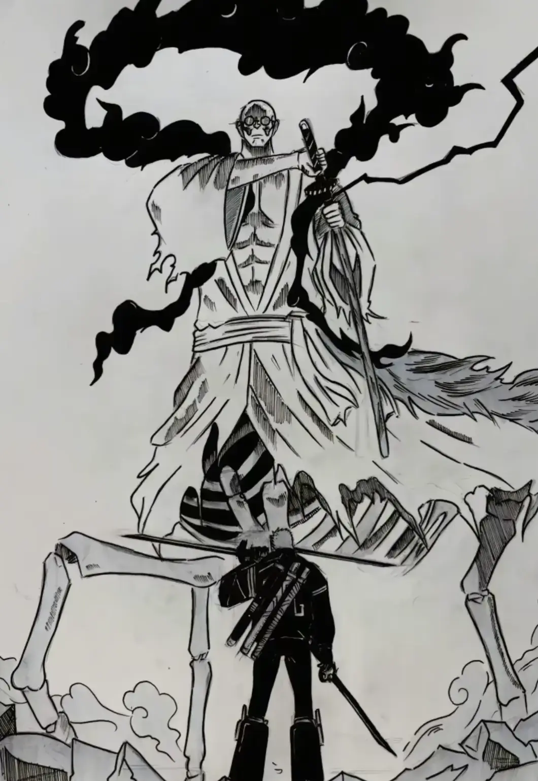 Salah satu Gorosei, Saint Ethanbaron V. Nusjuro, menggunakan pedang Shodai Kitetsu, pedang tingkat tertinggi yang tergolong cursed (terkutuk). Pedang Zoro, Enma, juga merupakan pedang kutukan, jadi pertempuran keduanya bisa menjadi duel epik antar pendekar pedang dengan senjata penuh aura jahat Zoro dikenal punya kode etik dan rasa keadilan yang kuat, sedangkan Gorosei mewakili pemerintahan dunia yang korup. Ini bisa menjadi pertarungan ideologis, bukan sekadar adu kekuatan. Ada teori bahwa Shodai Kitetsu (milik Nusjuro) dan Sandai Kitetsu (milik Zoro) akan “saling merespons”. Pertarungan mereka bisa mengungkap misteri besar soal asal usul pedang-pedang kutukan Kitetsu.