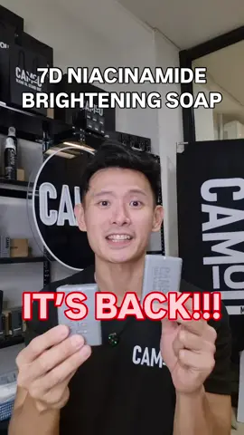 IT’S BACK!!! But only limited stocks are available! 🤯  Clinically proven to start brightening your skin in 7 days, our best-selling 7D Niacinamide Brightening Soap is not something you’d want to miss! 🖤  Grab yours here before it runs out (again)! 🛒🛒🛒 #SkinCare #CamouForMen #blendinstandout #fyp #viral #grooming #mensskincare #mensgrooming #camou #liveselling #sale #paydaysale #crueltyfree #tiktokshop #tiktokshopbon66angbday #bonggangbirthdaysale #tiktokshop66 #tiktokshopbirthday #66bonggangbirthdaysale #morningserum #moisturizer #facialwash #niacinamide #retinol #bakuchiol #brightening #brighteningsoap #whitening #whiteningsoap