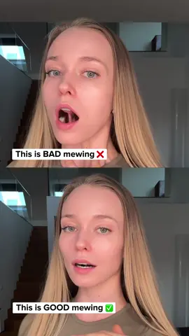 Good Mewing vs Bad Mewing Yes, there is a way to do it INCORRECTLY (so make sure to pay attention!) Many people think that with mewing you just press your tongue up and that's it. Not so fast! If your neck is in the wrong position when doing it, it will actually hurt your results. You see, if the back of your neck isn't long and your platysma is tense, you're actually pulling everything down. That can lead to platysma (neck) bands - not what you want. How do you do it correctly? Put the tongue fully on the upper palate, neck long, platysma relaxed, jaw engaged (gently). Pay extra attention to your neck. Want to see how to do it correctly, step-by-step? Let me know in the comments👇 If there are enough, I'll create a longer video 👀