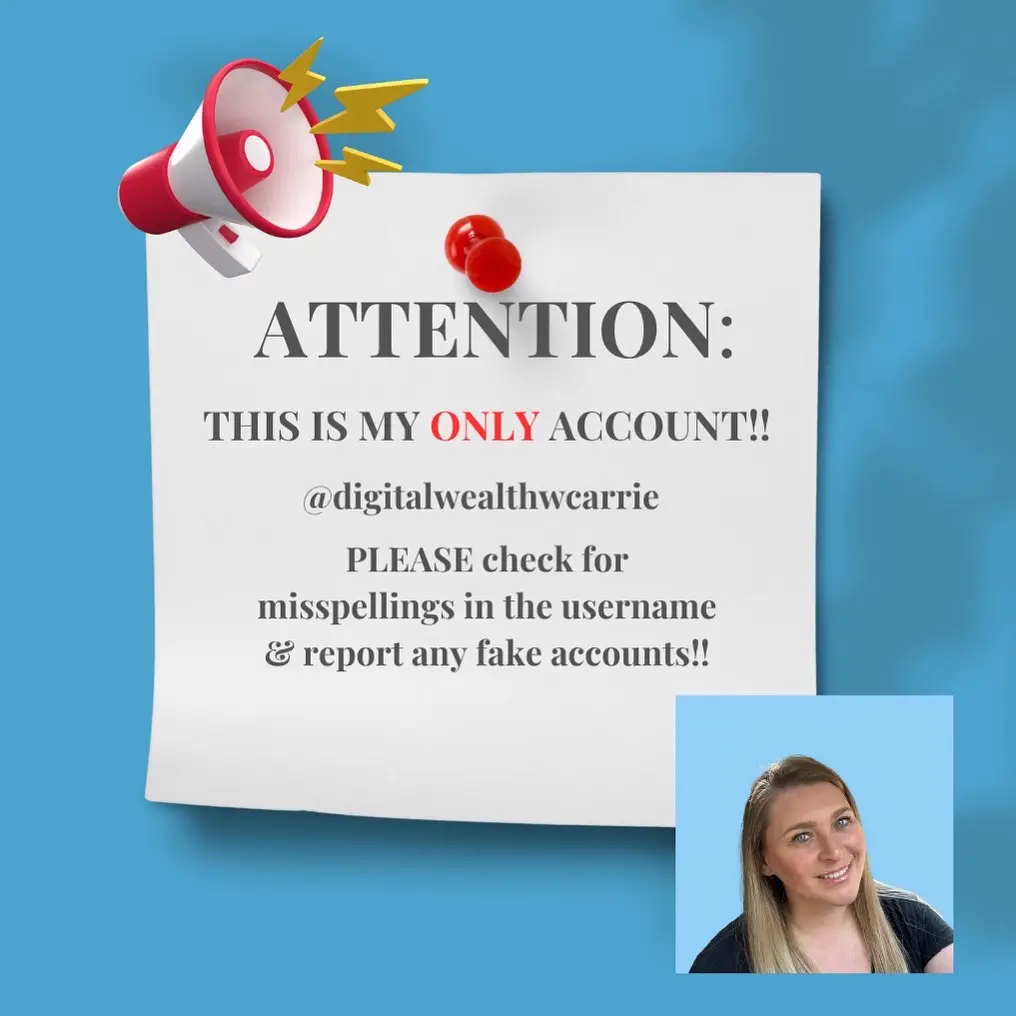 🚨 THIS IS MY ONLY ACCOUNT 🚨 I will never DM you asking for personal info or money. If you get a message from an account pretending to be me — please REPORT and BLOCK it immediately. The only account I use is: @digitalwealthwcarrie (Always double-check the handle and the name underneath it — scammers use tiny changes to trick people.) ‼️I will only respond to your inquiries or comments. Please report any other fake accounts with a different spelling other than @digitalwealthwcarrie.  Please be safe and stay alert — if it feels off, it probably is. Thank you all for the continued support! 💛 Let’s help keep this community safe by reporting fake accounts together.