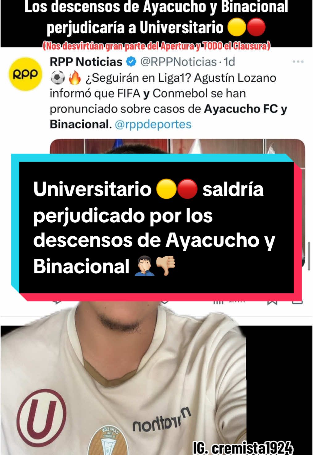 Universitario 🟡🔴 puede pagar los platos rotos del posible descenso de Ayacucho FC y Binacional, perderíamos 3 puntos en el Apertura y perdemos 2 localias para el Clausura 🤦🏻‍♂️ todo totalmente DESVIRTUADO 👎🏼. Síganme para más, BICAMPEONES ⭐️💛❤️🏆🏆. IG. cremista1924 ✅. YouTube: Cremista ✅. #universitariodedeportes #cremista1924 #trincheranorte #barraoriente #ydaleu #lagarradelúnicogrande #liga1 #futbolperuano #futbol #Soccer #fyp #greenscreen 