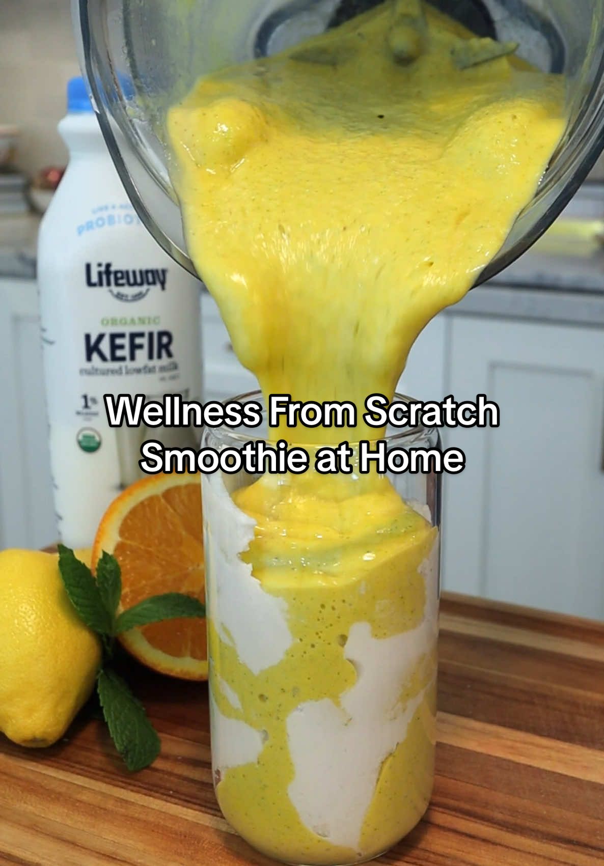 Recreating an at-home version of the trendy Wellness from Scratch Smoothie 🥭🍍 with @Lifeway Kefir #ad This is the smoothie that’s taken the internet by storm! It’s so delicious and packed with probiotics and protein thanks to Grassfed Lifeway Kefir. Be sure to grab some Lifeway Kefir at a grocery store near you so that you can make this tropical and citrusy smoothie for yourself! It’s SO GOOD - hope you love it! #LifewayLovesYourGuts #LoveYourGuts Here’s the recipe: Serves: 2 Ingredients: 1 ½ cup frozen mango 1 cup frozen pineapple 1 banana ¾ cup orange juice 2 tablespoons lemon juice (from about 1 medium lemon) ½ cup Lifeway Kefir ¼ cup milk of choice ¼ cup turmeric juice 1 ½ tablespoons honey ¼ cup coconut cream, plus more for the cup and for drizzling ¼ cup fresh mint leaves, plus 1 sprig for garnish 1 teaspoon camu camu powder (optional) 2 tablespoons vanilla collagen powder (optional) #erewhon #smoothie #EasyRecipes #fyp #recipeideas 
