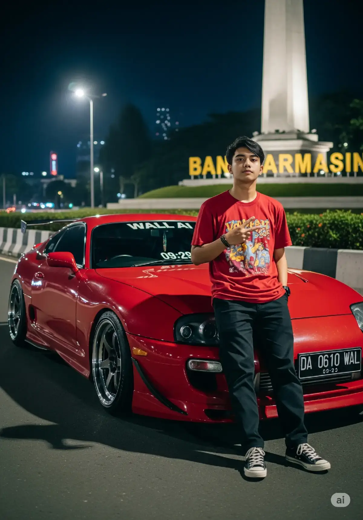 versi cowok✌️ prompt:  seorang pria manis khas Banjar muda hidung mancung, memakai celana panjang hitam longgar baju kaos HITAM longgar bergambar, dan memakai sepatu Converse all Star, sedang bersandar disebuah mobil TOYOTA GT86 BERMODIFIKASI warna HITAM Metallic velg racing TE37 warna gun metal, ring 16, suspensi ceper full body kit, setir kanan, tulisan di kaca depan bagian atas WALL AI Plat nomer berwarna dasar plat nomer putih dan tulisan huruf berwarna hitam DA 0610 WAL, dibawahnya 09:29. Tangan kiri masuk ke saku celananya dan tangan kanan pose dua jari peace, latar belakang ada tugu tulisan BANJARMASIN  pinggir jalan raya , lalu lintas ramai lancar, Malam hari yang indah.Detail seperti asli terlihat realistis Resolusi foto 3:4 #fyp #fypage #aiphoto #ai #photolab #prompt #editphoto #aiphotography 