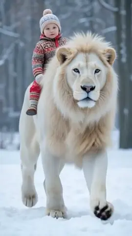 a cute baby ride big giant white lion walking on the snow.