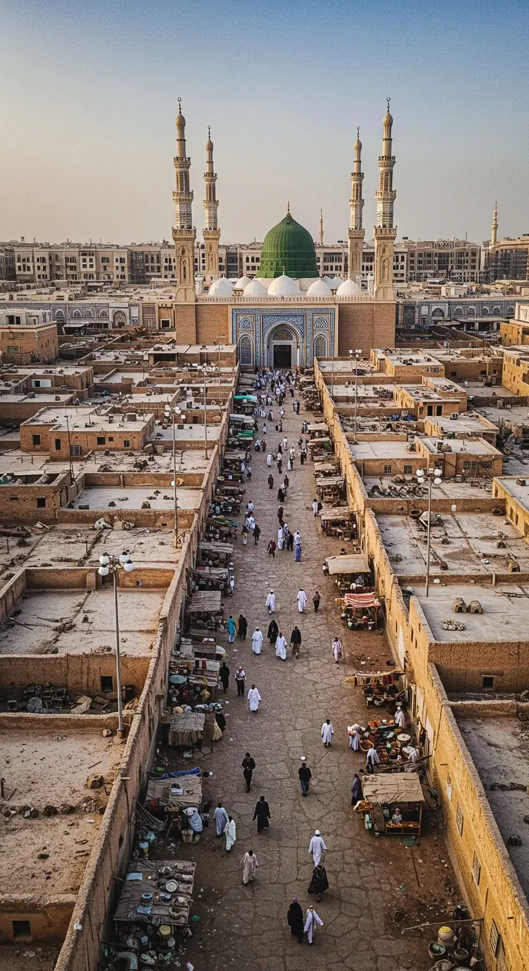 Madina Munawara, also known as Medina, is the second holiest city in Islam, located in the Hejaz region of Saudi Arabia.  It holds immense religious significance as the city where the Prophet Muhammad (peace be upon him) migrated from Makkah and established the first Islamic community.  The Prophet’s Mosque (Masjid an-Nabawi), built by him, is a central landmark and a major pilgrimage site, housing his tomb. Medina served as  the capital of the early Islamic Caliphate under the Prophet and the Rashidun Caliphs. Known as the 