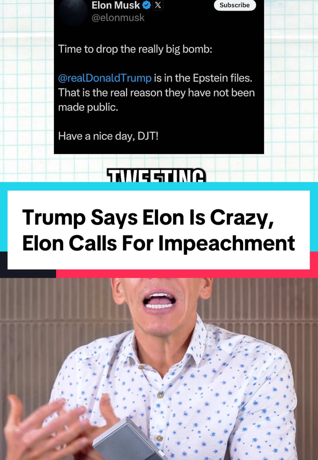 Trump Says Elon Is Crazy, Elon Calls For Impeachment #usa #america  Trump says that Elon has gone crazy and is now threatening to cut SpaceX and Tesla’s contracts with the government. Elon then tweeted “Time to drop the really big bomb. Donald Trump is in the Epstein files. That is the real reason they have not been made public. Have a nice day, DJT!” So first Trump tweeted- “The easiest way to save money in our Budget, Billions and Billions of Dollars, is to terminate Elon’s Governmental Subsidies and Contracts. I was always surprised that Biden didn’t do it!” Elon replied saying “This just gets better and better. go ahead and make my day” while retweeting that this would destroy the international space station. This would also cut off parts of the US military’s communications and take down almost all of Ukraine’s communications. Trump also said that Elon was “wearing thin” and that he asked him to leave. Elon says this is “an obvious lie. So sad.” Elon also appears to be threatening to start his own political party. And he issued a threat to Republicans saying  “Some food for thought for Republicans: Trump has 3.5 years left as President, but I will be around for 40+ years” Elon also repeated that he is the reason Trump won again. Elon is now saying 