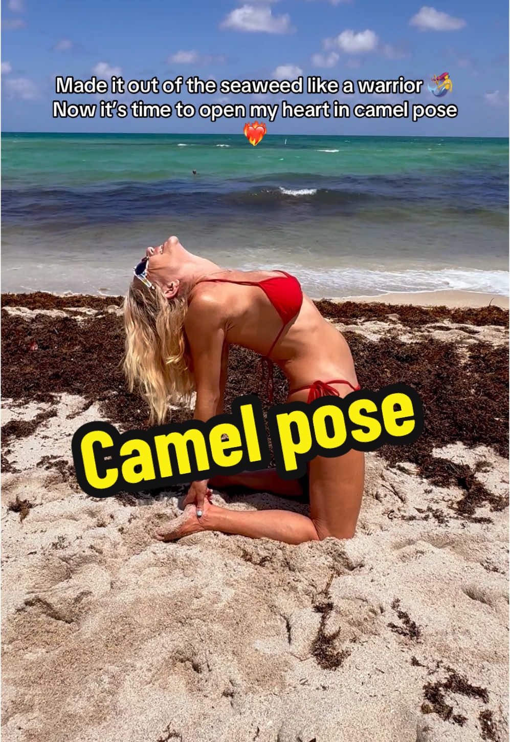 From sea to stretch 🌊 Red bikini. Camel pose. Downward dog. Let’s flow. 🔥🧘‍♀️ #BeachYoga #CamelPose #RedBikiniVibes #YogaFlow #OceanEnergy #TikTokYoga #DownwardDog #SummerStretch #SeaGoddess #YogaBabe