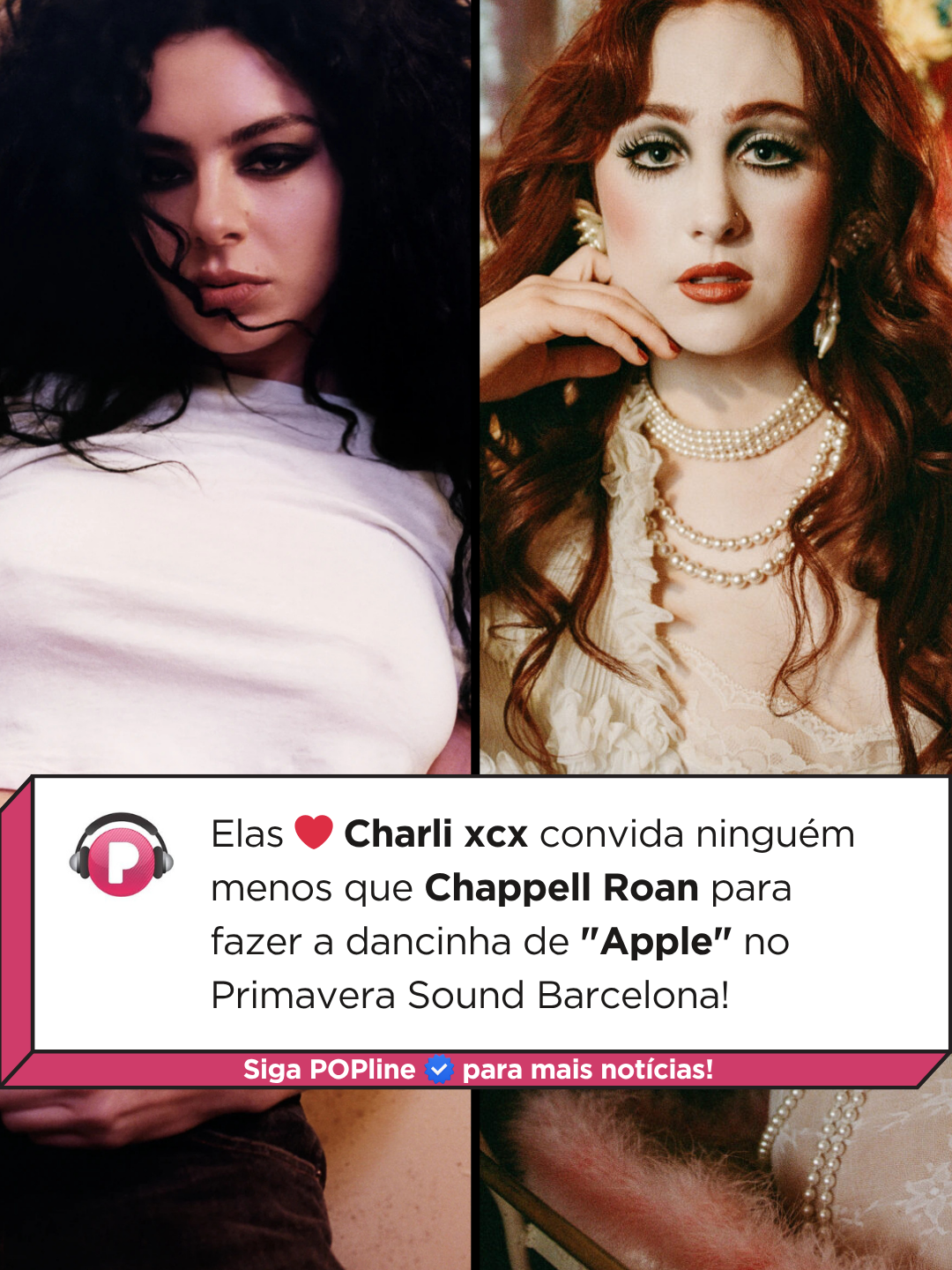 Elas não param! Atração do Primavera Sound Barcelona nesta quinta-feira (05), Charli XCX surpreendeu o público ao chamar Chappell Roan pra fazer a coreografia viral de “Apple” ao vivo, com direito a carisma, entrega e sintonia total! Quem viveu, viveu - e quem não viveu... já tá dando play no vídeo!  Imagens: infoxcxmidias (X) / Divulgação