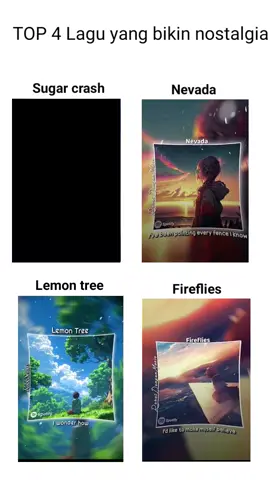 TOP 4 Lagu yang bikin nostalgia 🎭👑🥀ini VT yang part 1 kemarin guwe up ulang karena yang pertama terkena pembisuan dari tiktok yang membuat tidak ada suaranya 🔈 #lagu #judullagu #4 #part1 #song #sound #viral #nostalgia #sugarcrash #nevada #lemontree #fireflies #2020 #locdown #dirumahaja #didesa #masalalu #nostalji #2019 #fyp #fypppppppppppppp #4u #up 