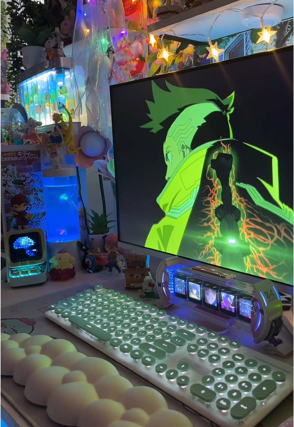 Cyberpunk edgerunners is everything to me🧎🏾‍♀️ (There may be more setup videos incoming me thinks🫡) #desksetup #cyberpunkedgerunners #desktour #setupinspo #GamingSetup #foryoupageee #animetok #skentocore #cyberpunk #setupinspo #fyyp 